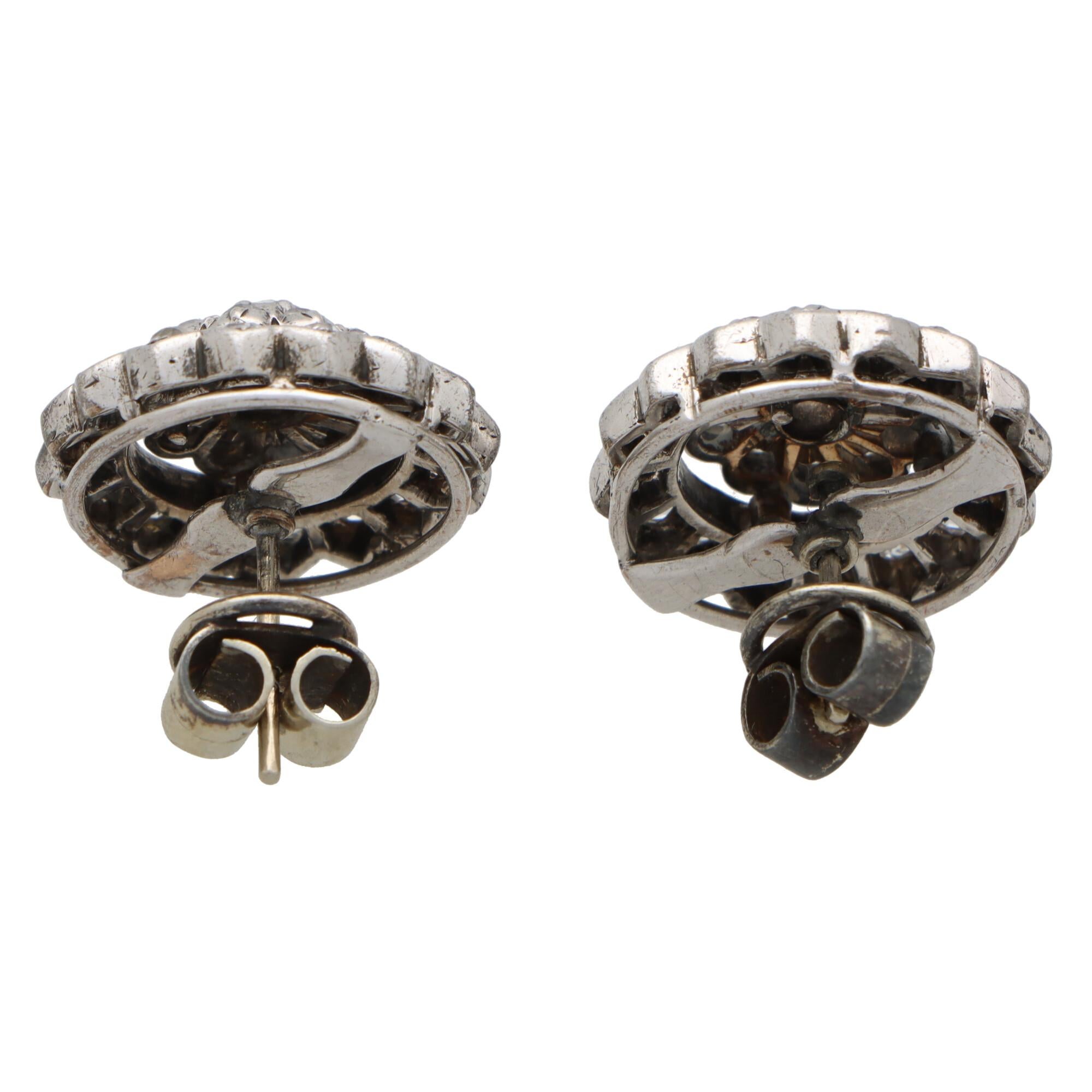 Old Mine Cut Early Victorian Diamond Coronet Cluster Earrings Set in Silver