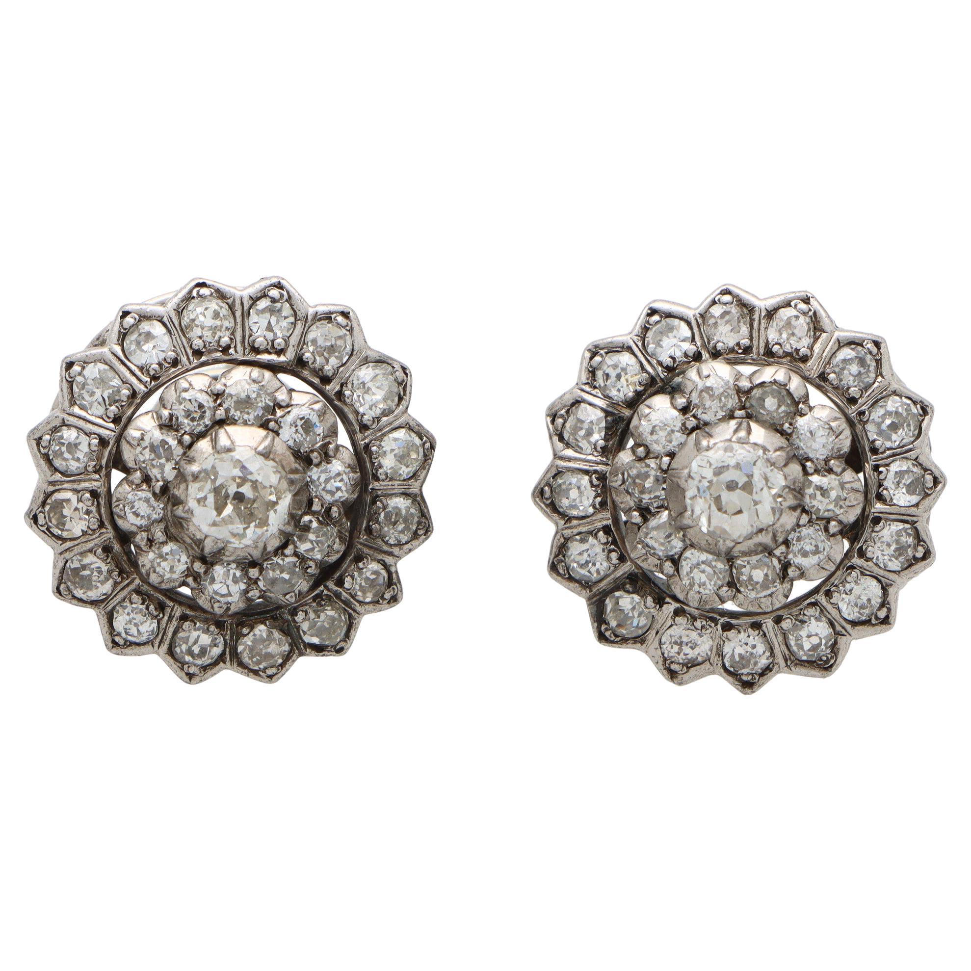 Early Victorian Diamond Coronet Cluster Earrings Set in Silver