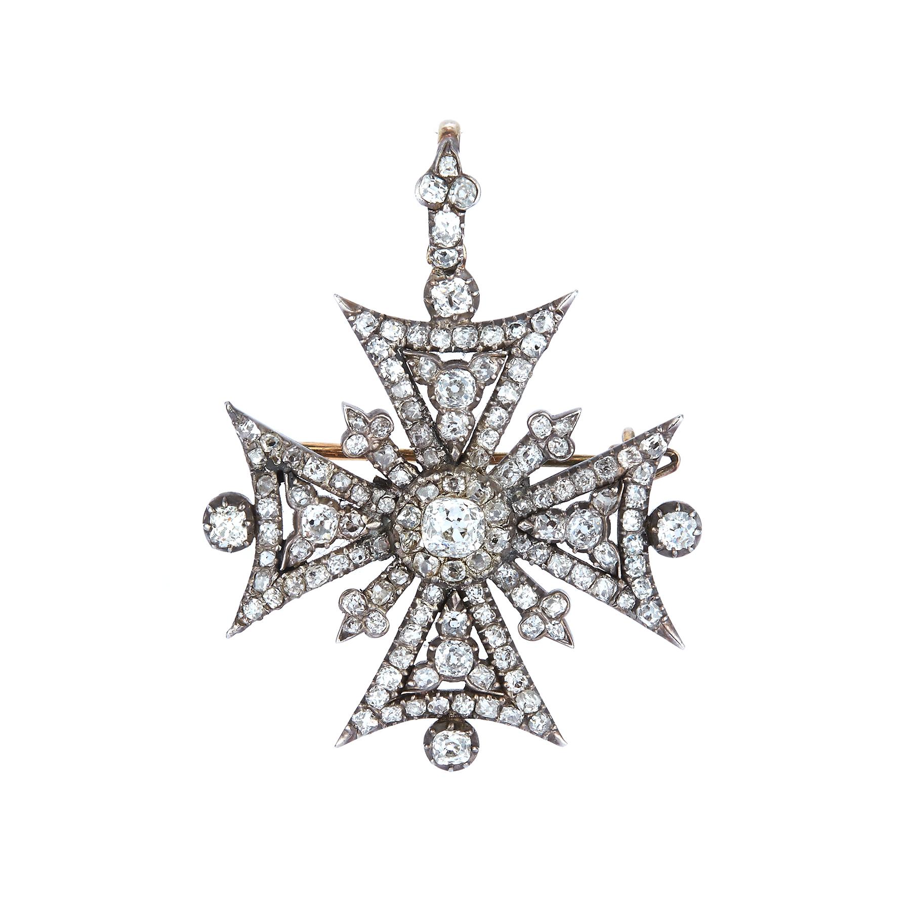 Early Victorian Maltese Cross Diamond Brooch

A stunning early Victorian diamond maltese cross brooch, with a brilliant-cut diamond in the center, and with four arms widening from the base with smaller arms between, set throughout with old
