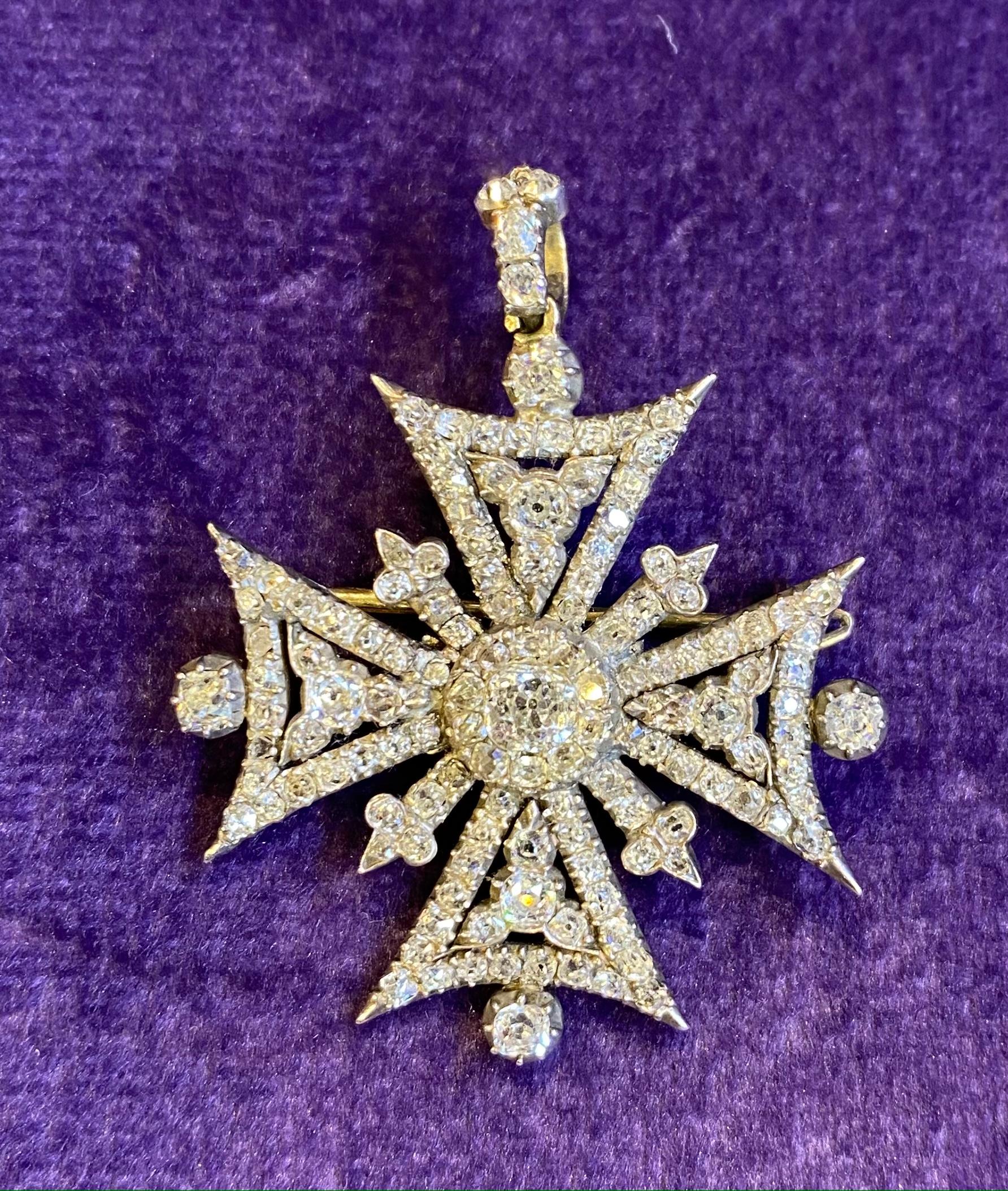 Brilliant Cut Early Victorian Diamond Maltese Cross Brooch