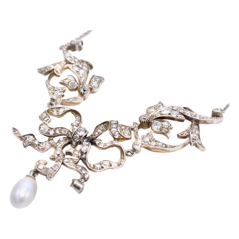 Early Victorian Diamond Natural Pearl Lavalier Necklace For Sale