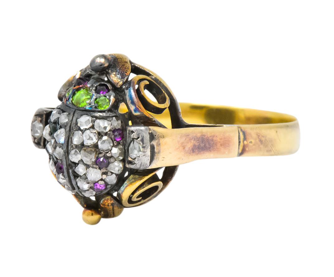 Early Victorian Diamond Ruby Demantoid Garnet 14 Karat Gold Silver Beetle Ring 1
