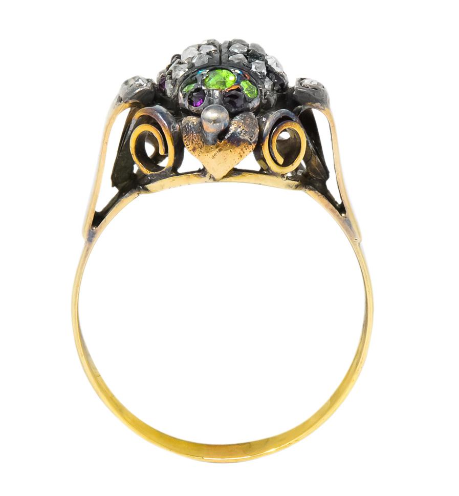 Early Victorian Diamond Ruby Demantoid Garnet 14 Karat Gold Silver Beetle Ring 2