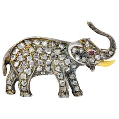 Antique Early Victorian Diamond Ruby Silver-Topped Gold Elephant Pin
