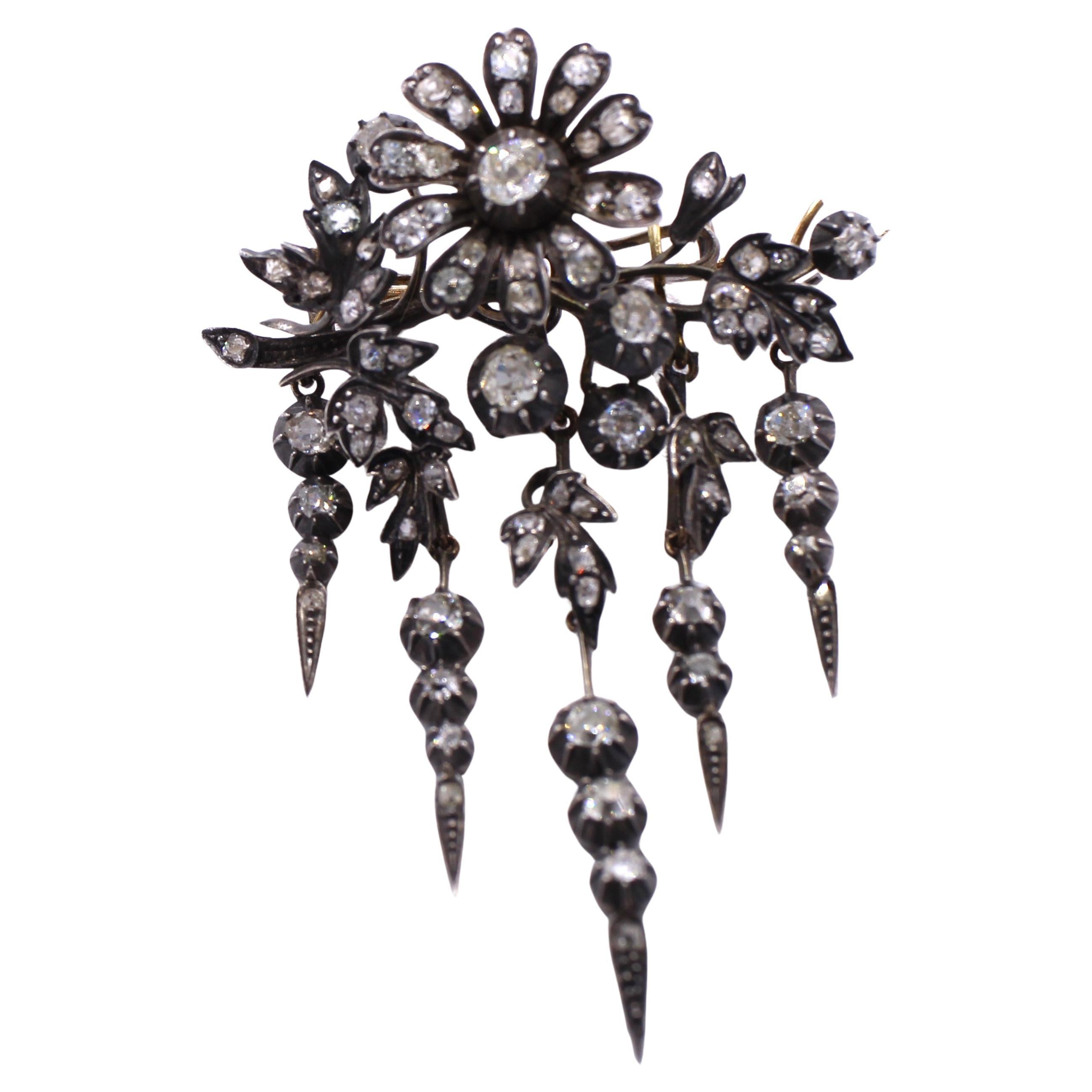 Early Victorian Diamond Silver on Gold Floral Brooch