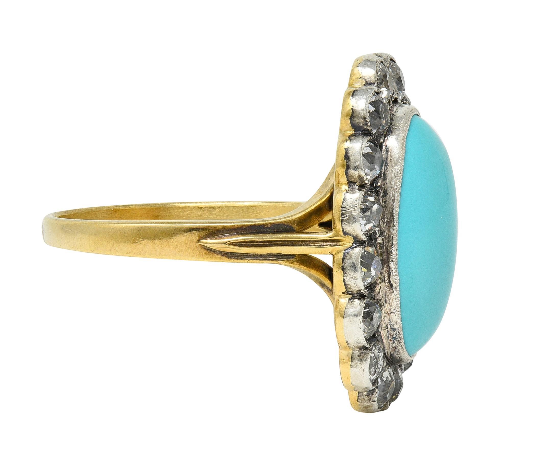 Vittoriano Anello aureola antico vittoriano con diamante e turchese, argento e oro giallo 14 carati in vendita