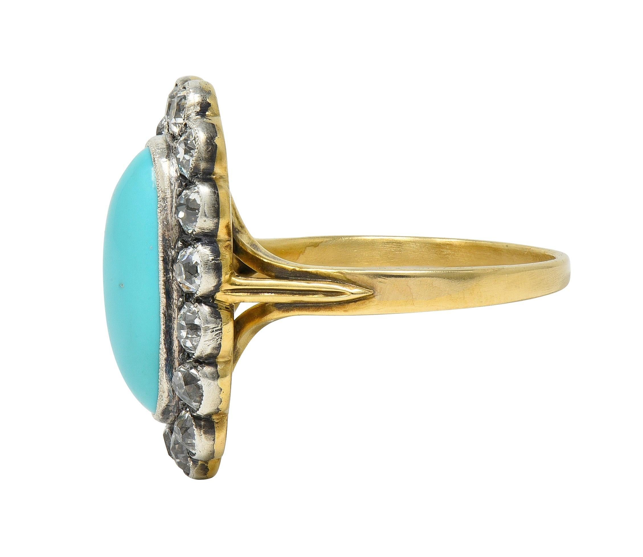 Anello aureola antico vittoriano con diamante e turchese, argento e oro giallo 14 carati In condizioni Nuovo in vendita a Philadelphia, PA