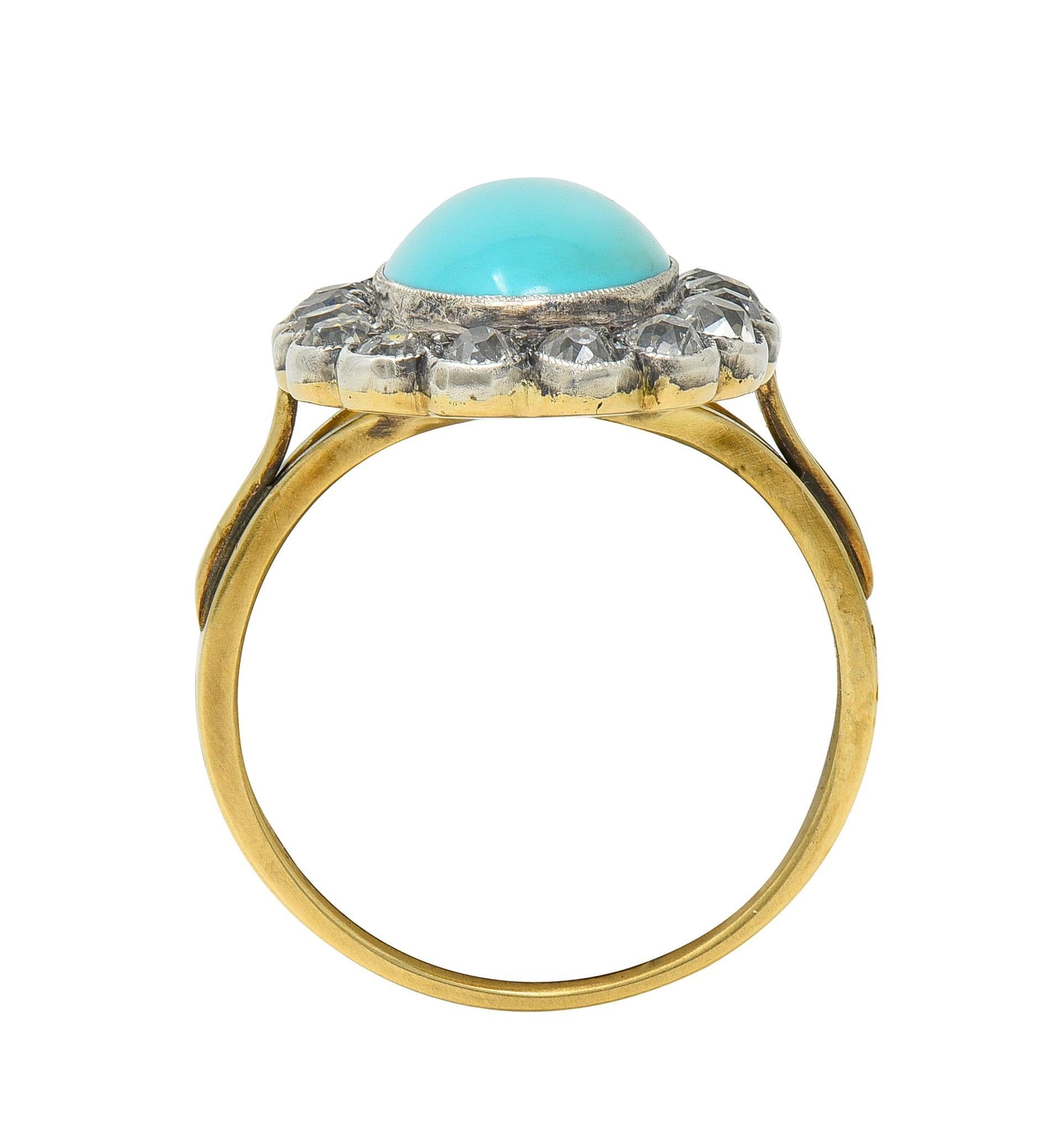 da uomo o donna Anello aureola antico vittoriano con diamante e turchese, argento e oro giallo 14 carati in vendita