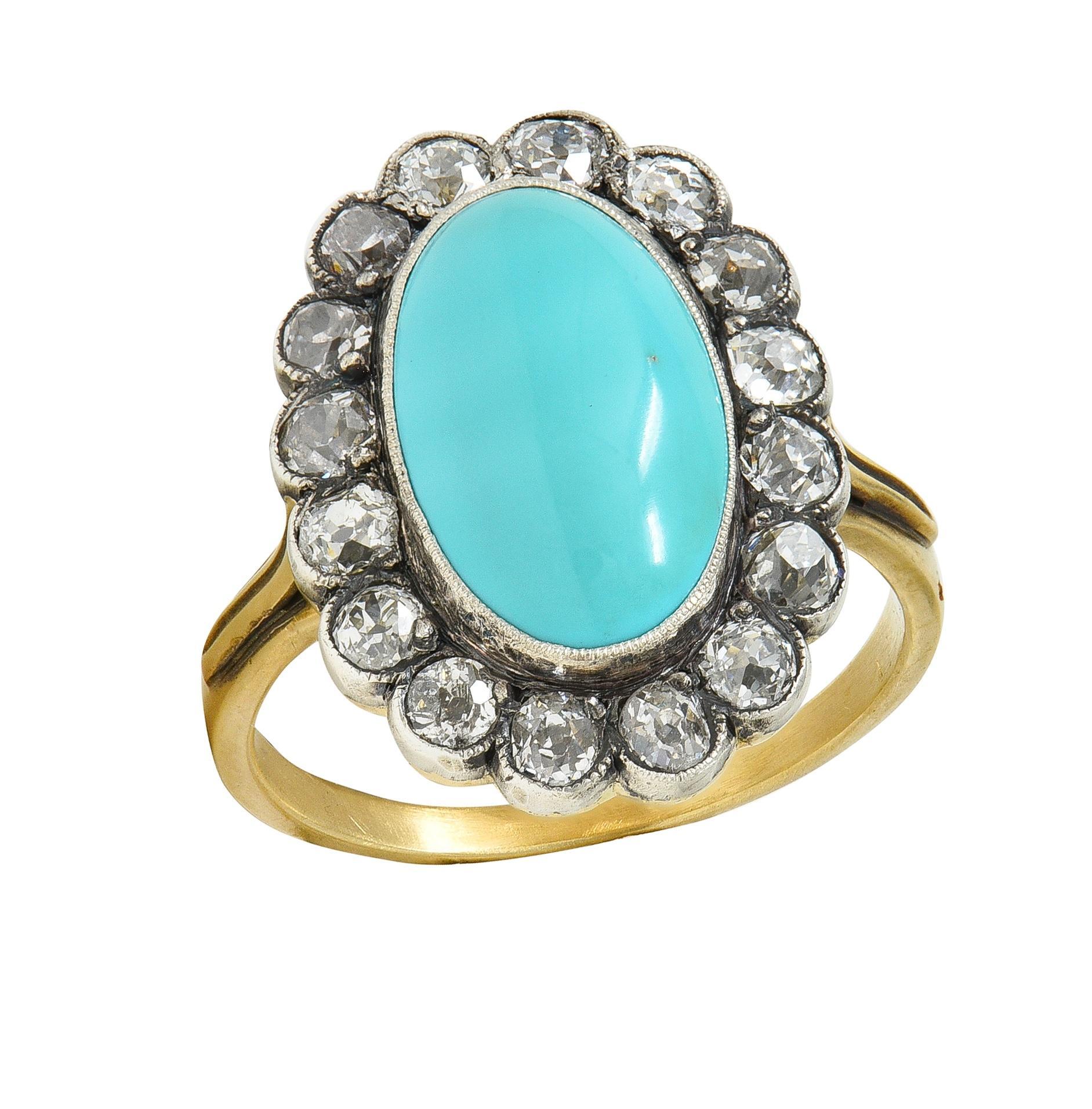 Anello aureola antico vittoriano con diamante e turchese, argento e oro giallo 14 carati in vendita 1