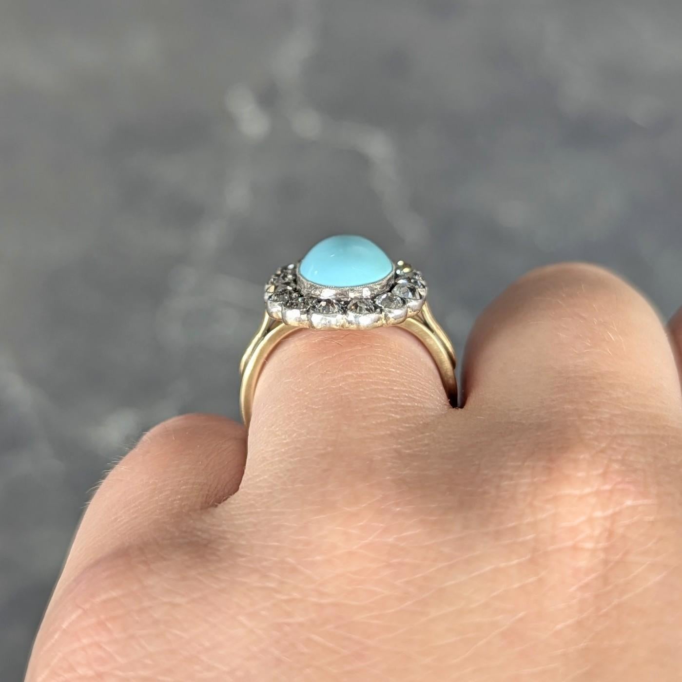 Anello aureola antico vittoriano con diamante e turchese, argento e oro giallo 14 carati in vendita 2