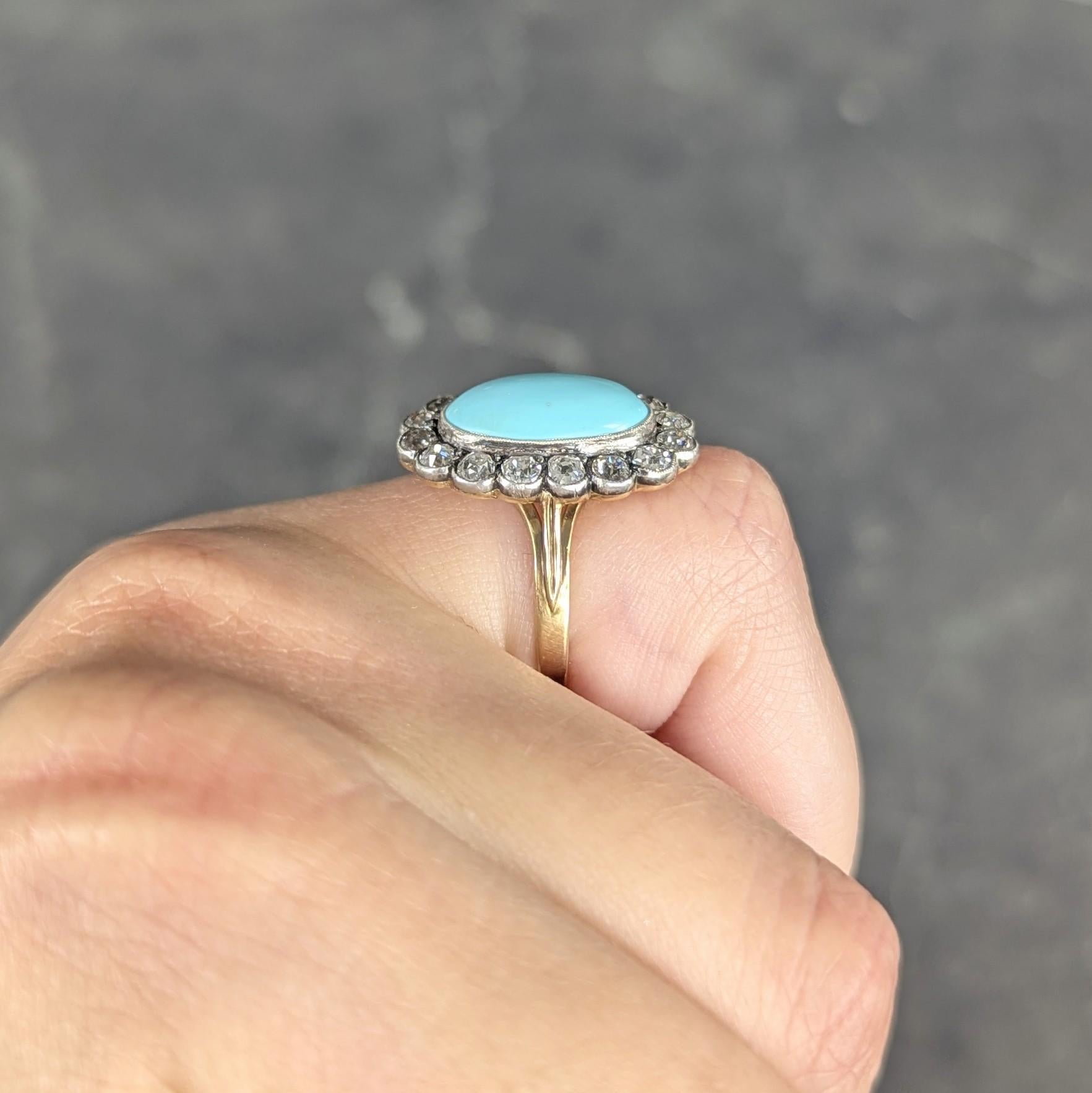 Anello aureola antico vittoriano con diamante e turchese, argento e oro giallo 14 carati in vendita 3