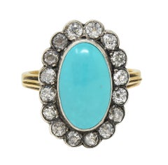 Anello aureola antico vittoriano con diamante e turchese, argento e oro giallo 14 carati