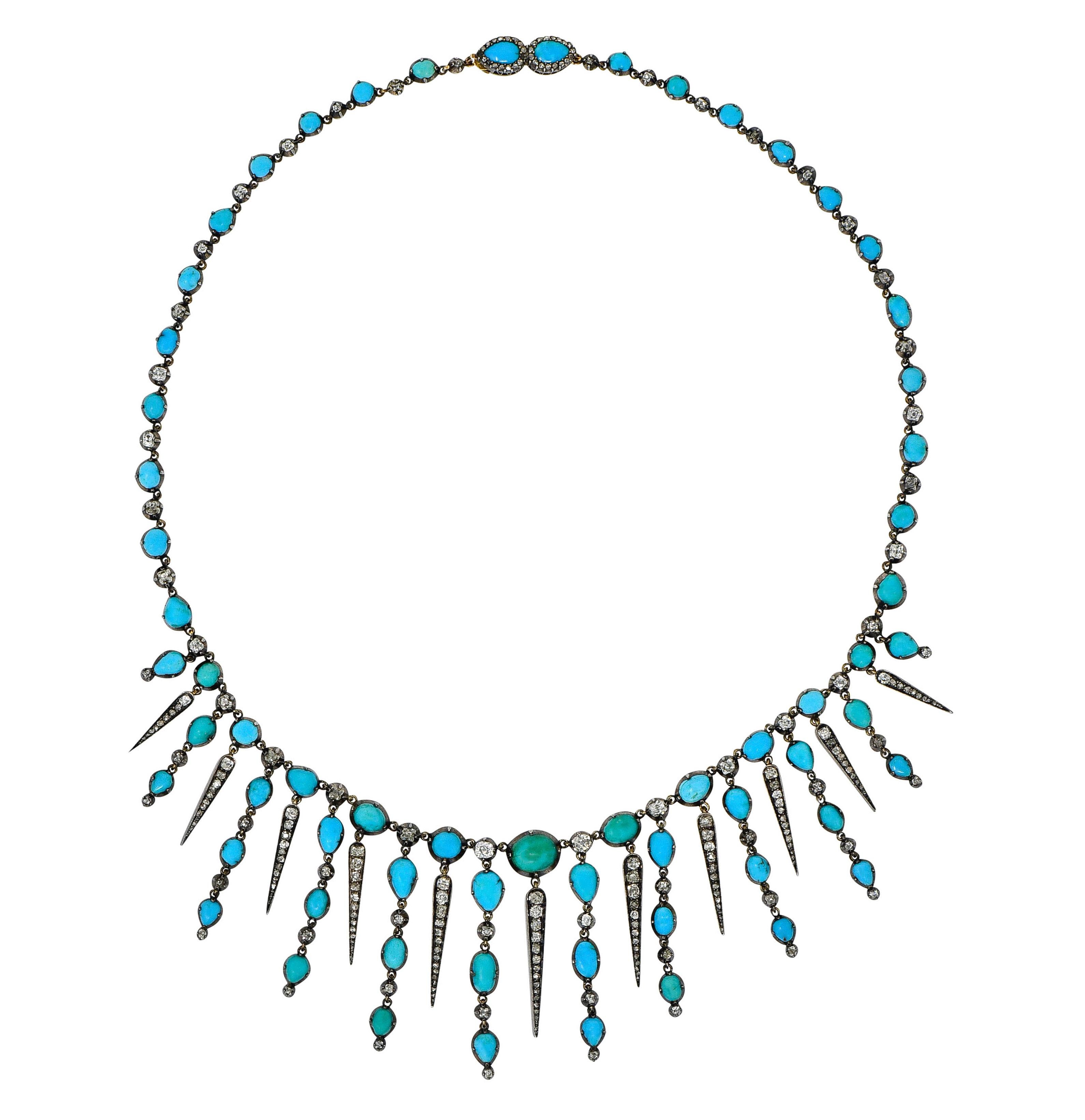 Collar style necklace is comprised of turquoise cabochon and diamond links

Centering articulated droplets of graduated turquoise cabochon alternating with pointed diamond drops

Turquoise is opaque with bluish-green to sky blue color and some