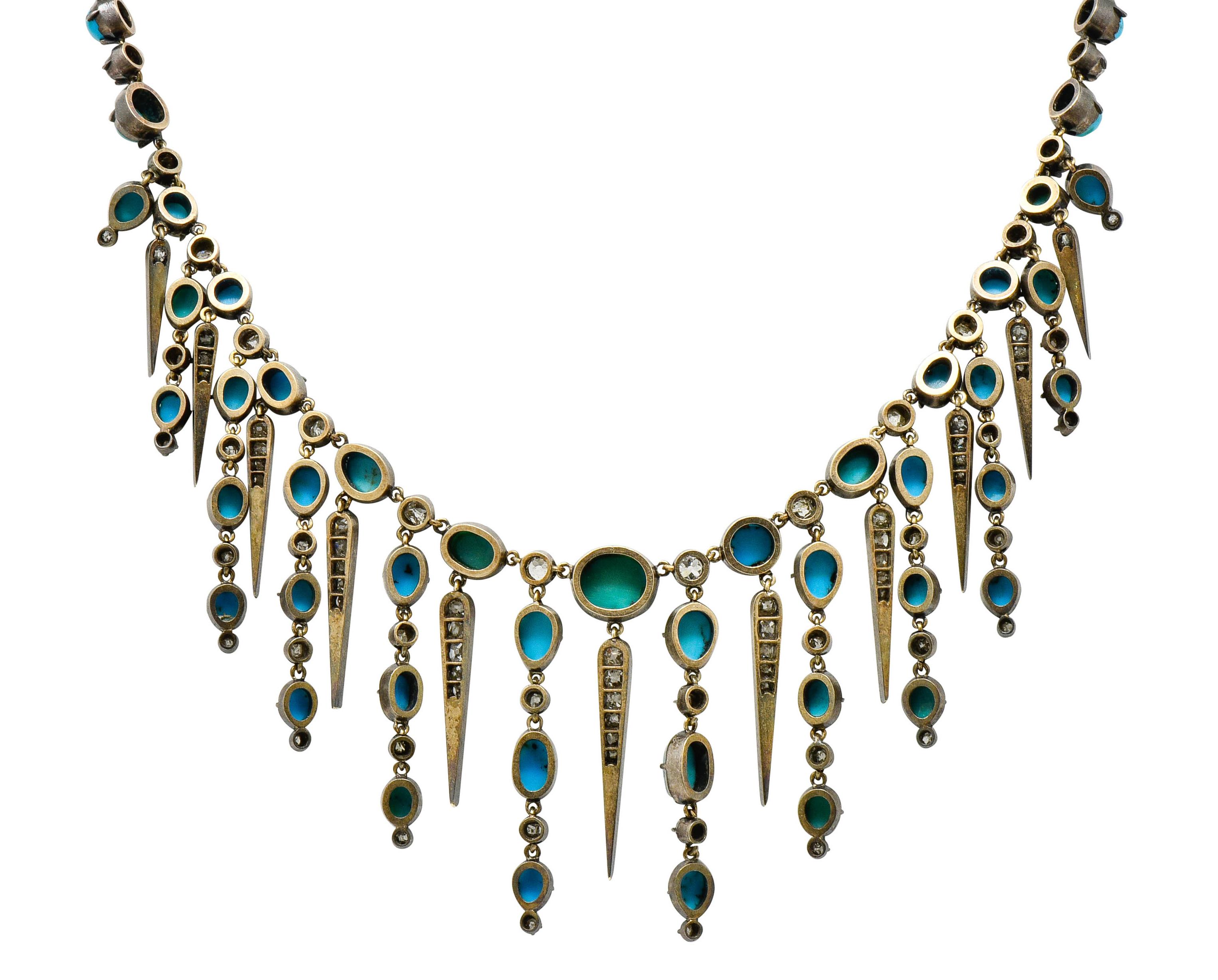 Early Victorian Diamond Turquoise Silver-Topped Gold Collar Necklace In Excellent Condition In Philadelphia, PA