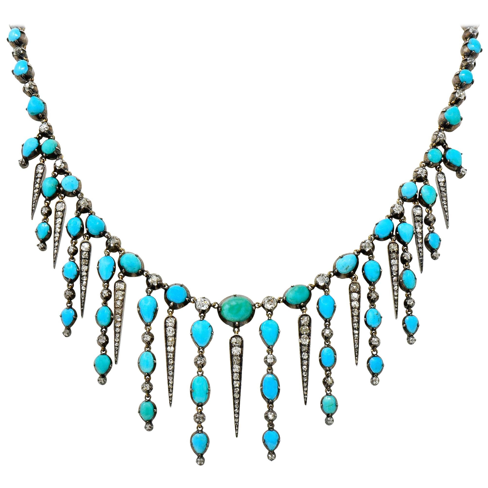 Early Victorian Diamond Turquoise Silver-Topped Gold Collar Necklace