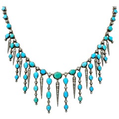 Early Victorian Diamond Turquoise Silver-Topped Gold Collar Necklace