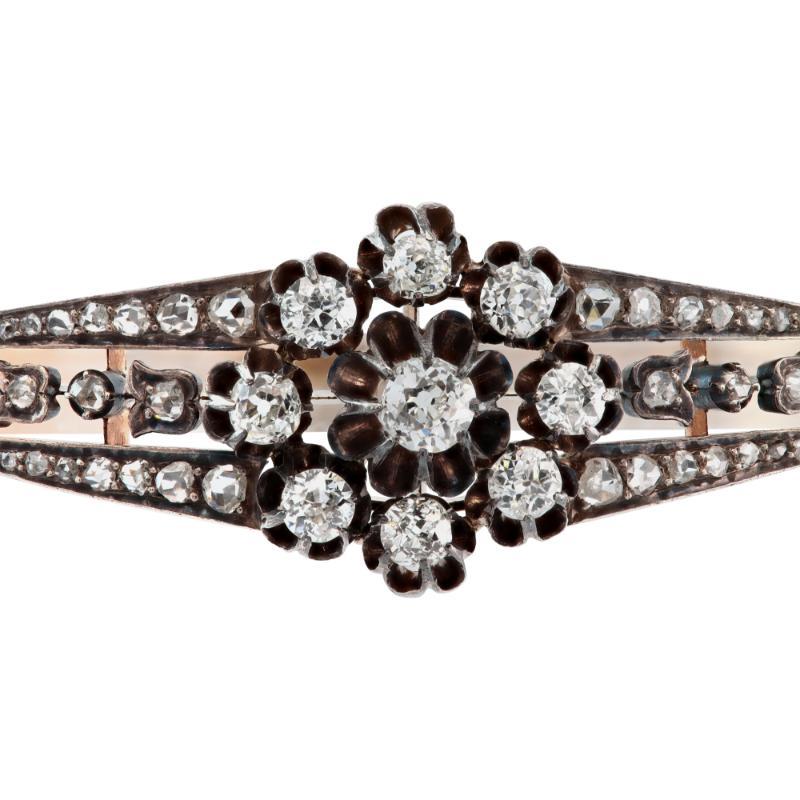 Early Victorian Diamond Yellow Gold and Silver Bangle Bracelet In Excellent Condition For Sale In Surfside, FL