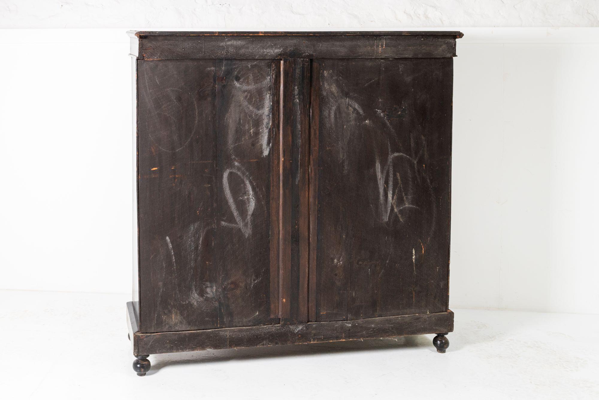 Fruitwood Early Victorian Ebonised Inlay Pier Cabinet Glazed Bookcase Velvet Lined For Sale