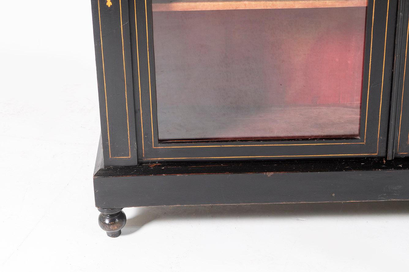 Aesthetic Movement Early Victorian Ebonised Inlay Pier Cabinet Glazed Bookcase Velvet Lined For Sale