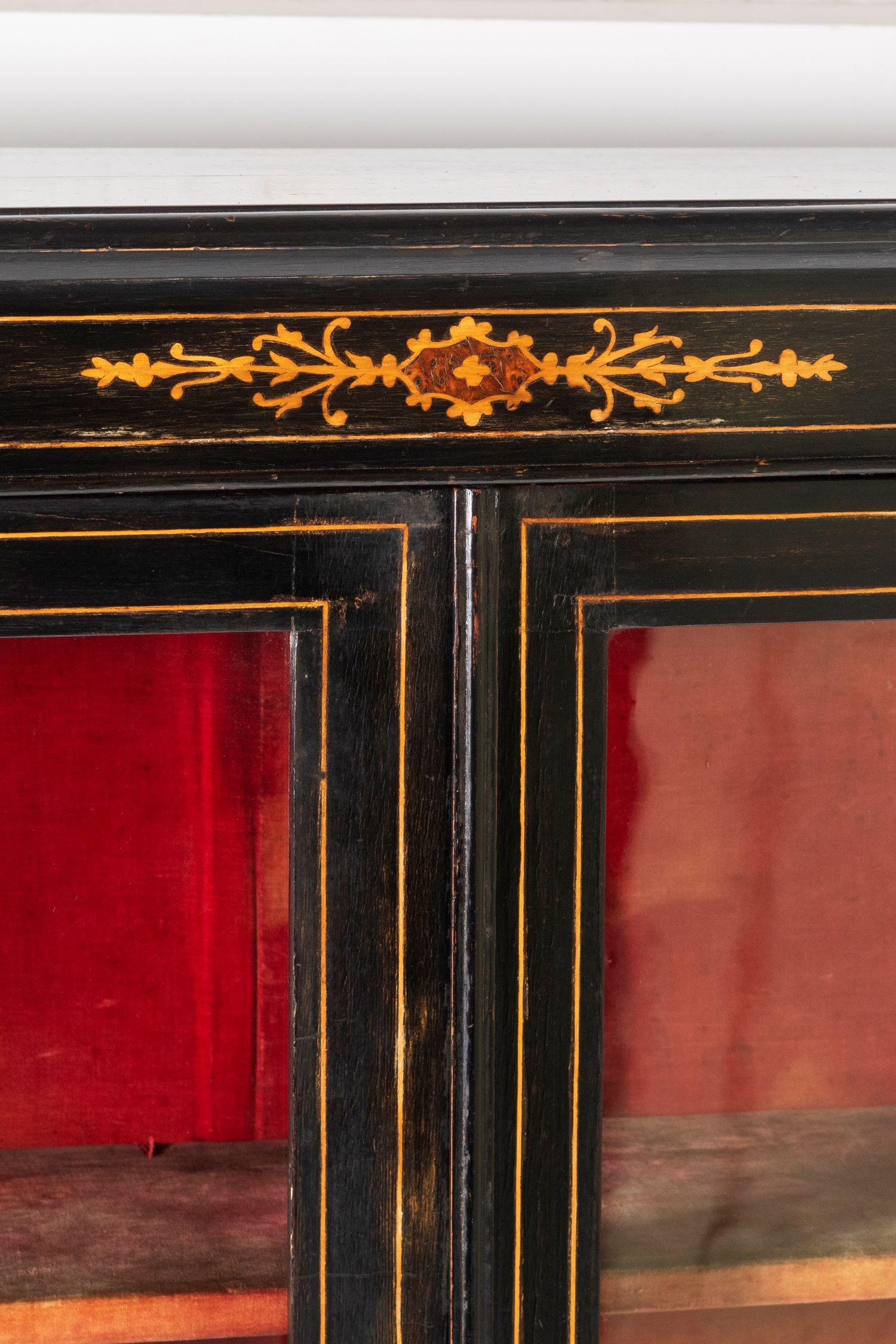 British Early Victorian Ebonised Inlay Pier Cabinet Glazed Bookcase Velvet Lined For Sale