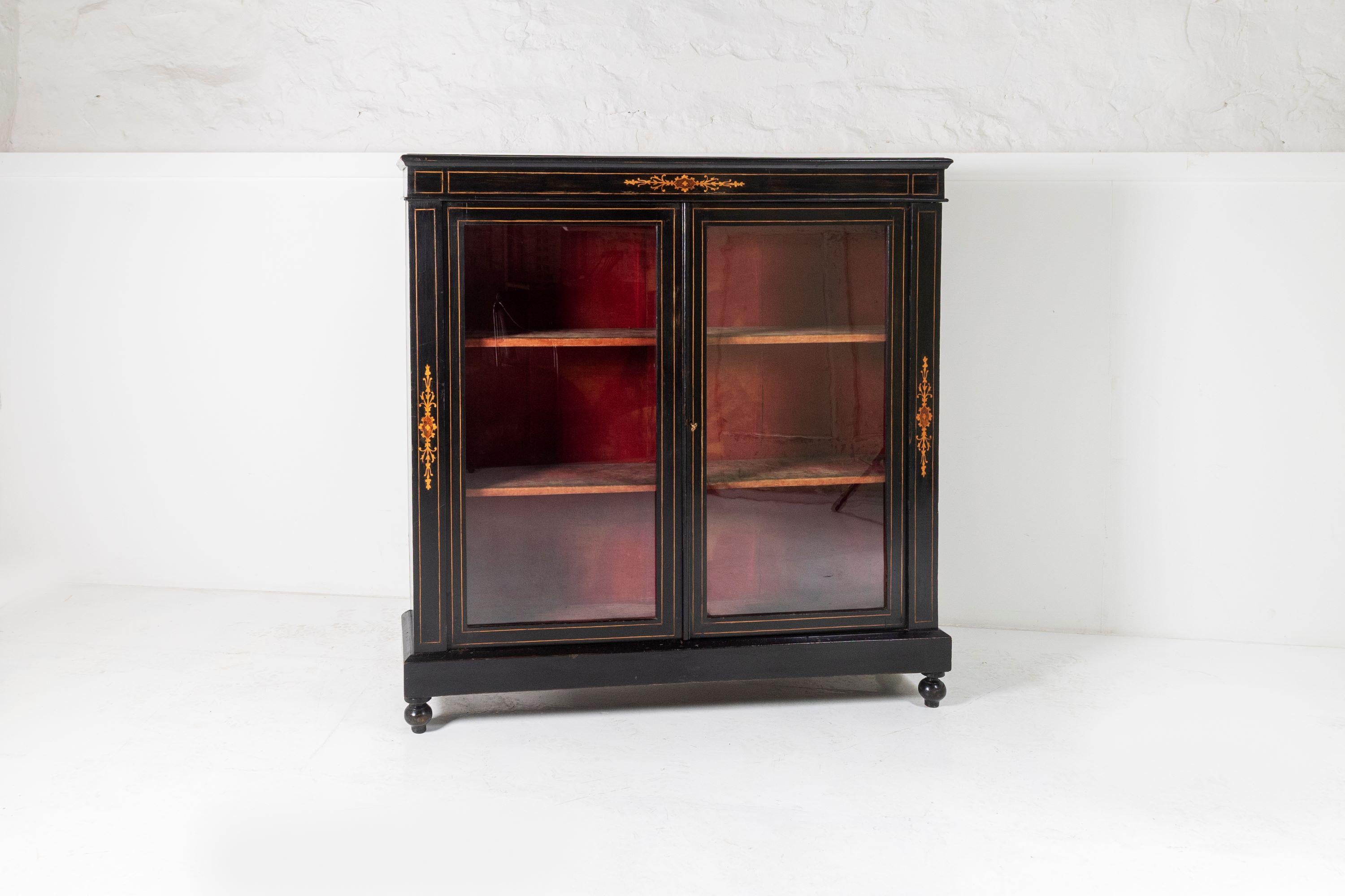 19th Century Early Victorian Ebonised Inlay Pier Cabinet Glazed Bookcase Velvet Lined For Sale