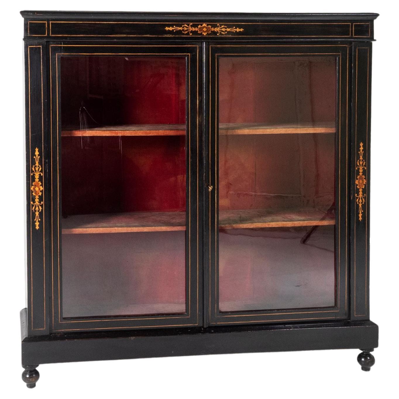 Early Victorian Ebonised Inlay Pier Cabinet Glazed Bookcase Velvet Lined For Sale