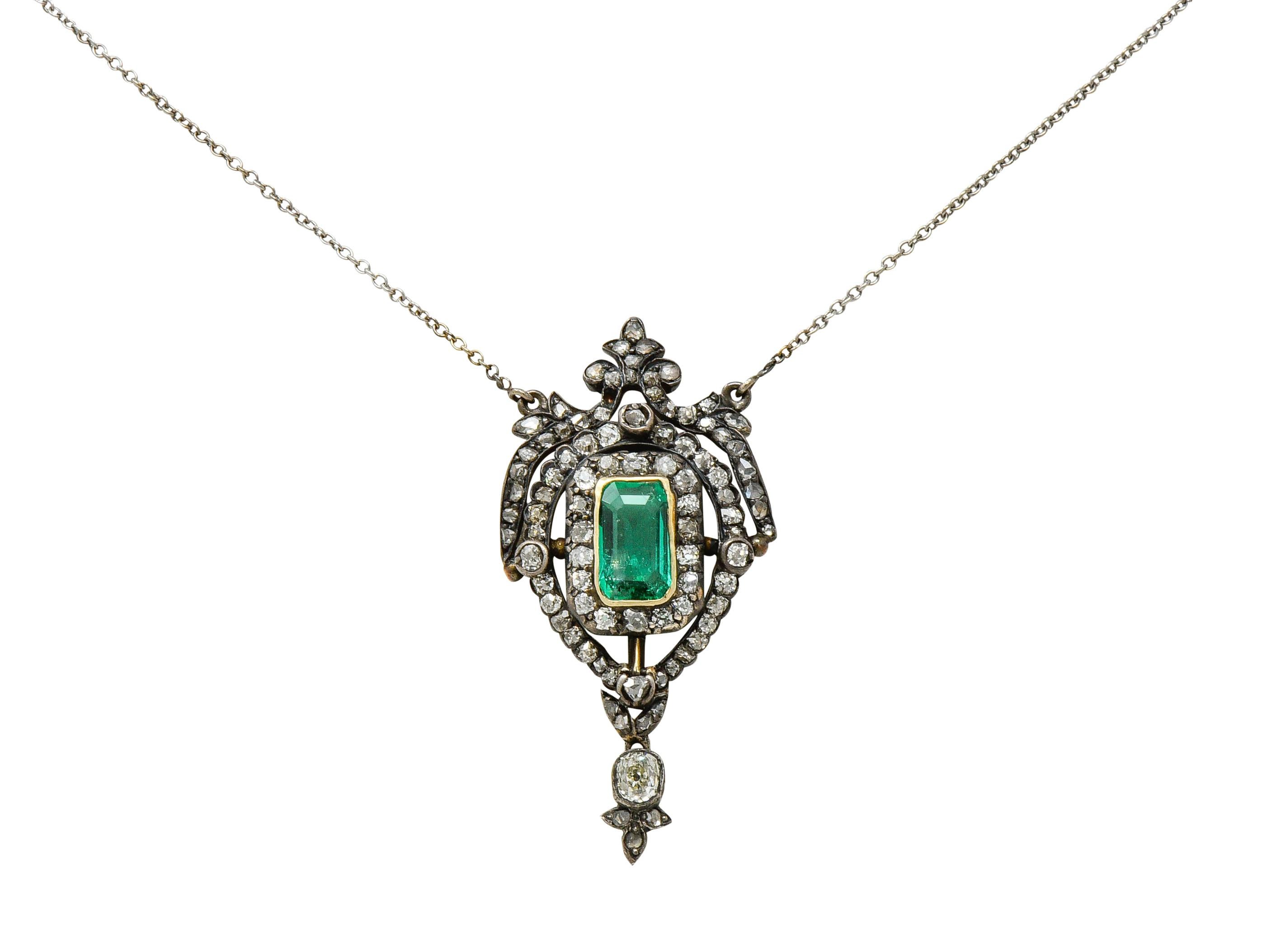 Rose Cut Early Victorian Emerald Diamond Silver-Topped Gold Ornate Drop Necklace
