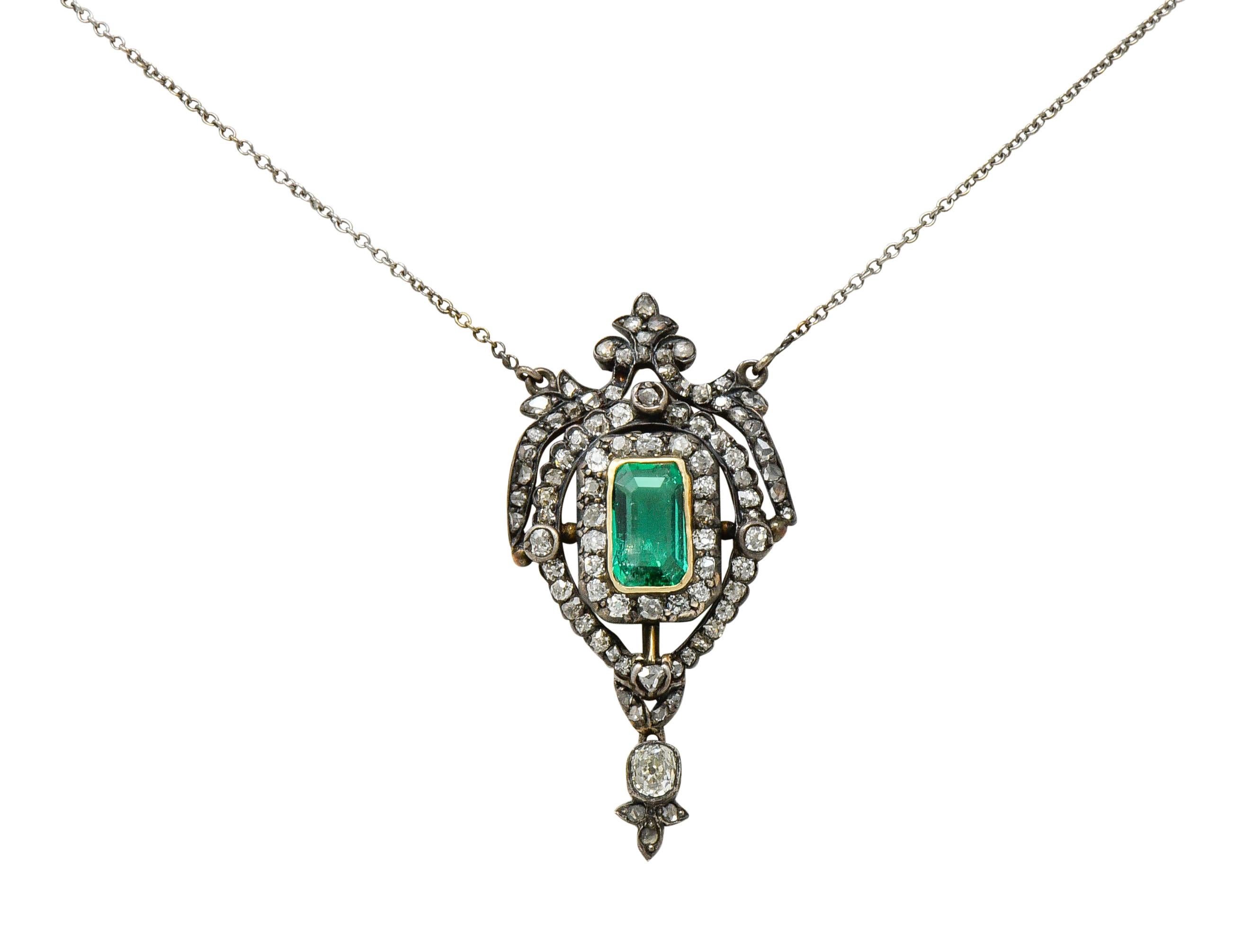 Early Victorian Emerald Diamond Silver-Topped Gold Ornate Drop Necklace 1
