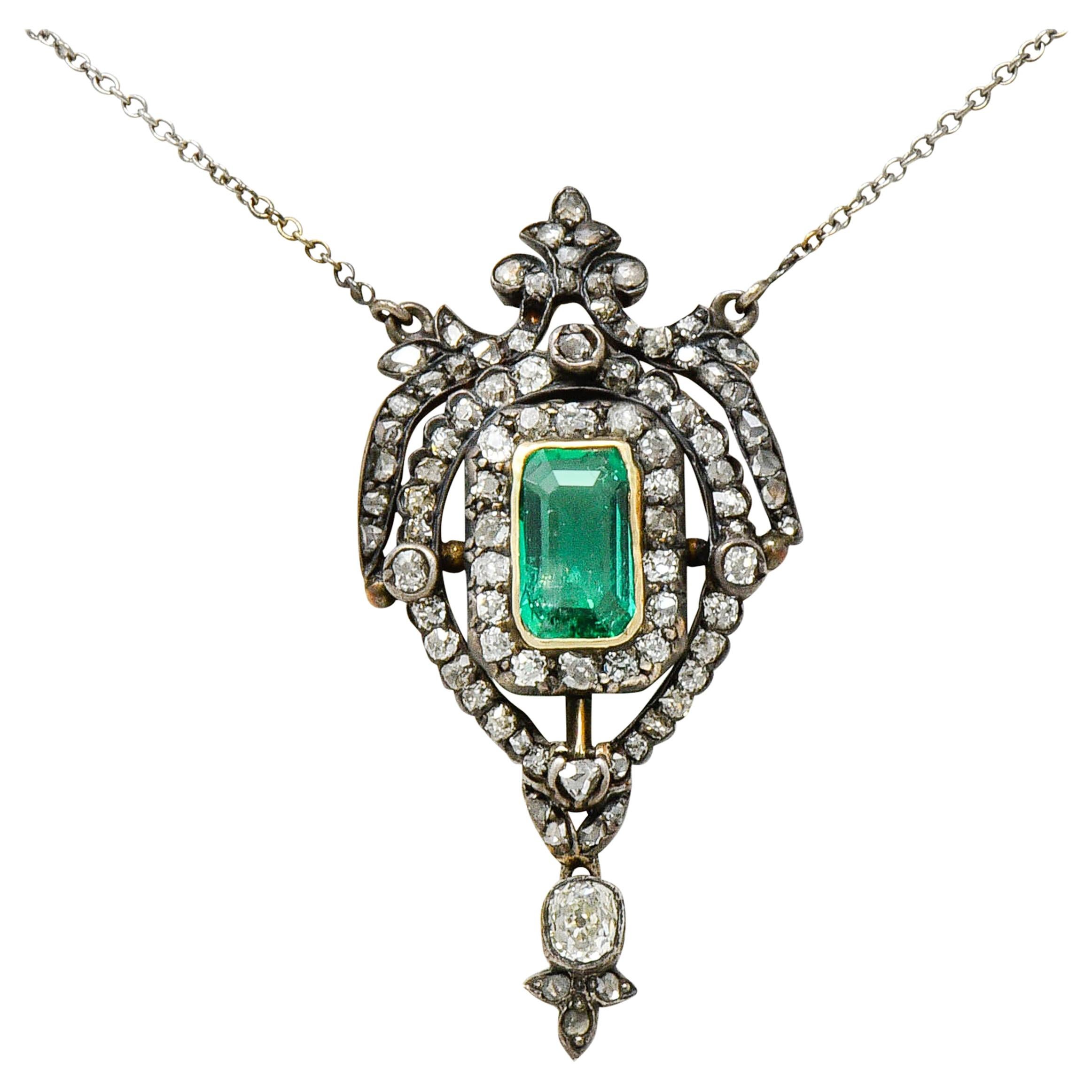 Early Victorian Emerald Diamond Silver-Topped Gold Ornate Drop Necklace