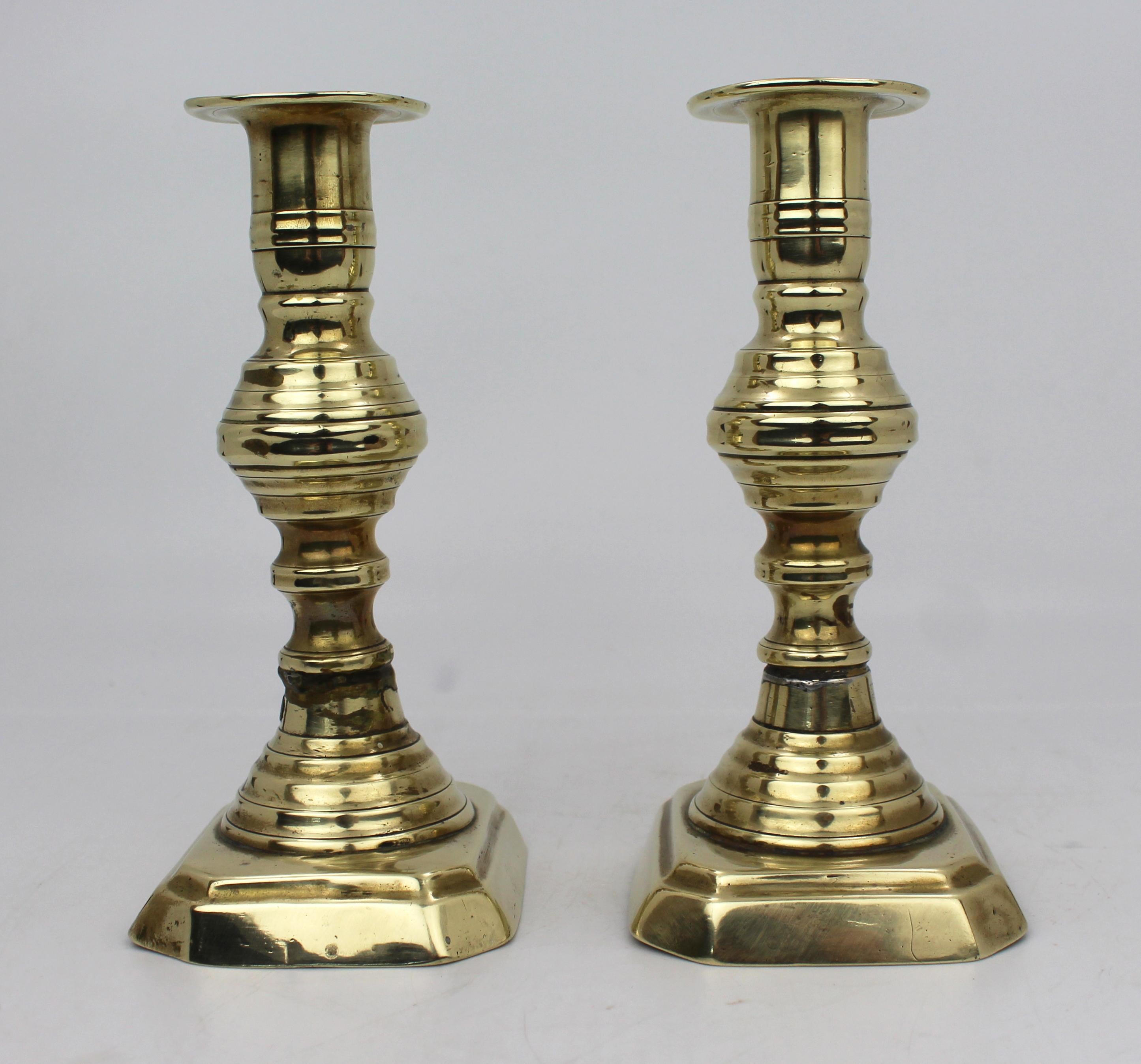 British Early Victorian English Brass Candlesticks, circa 1840 For Sale