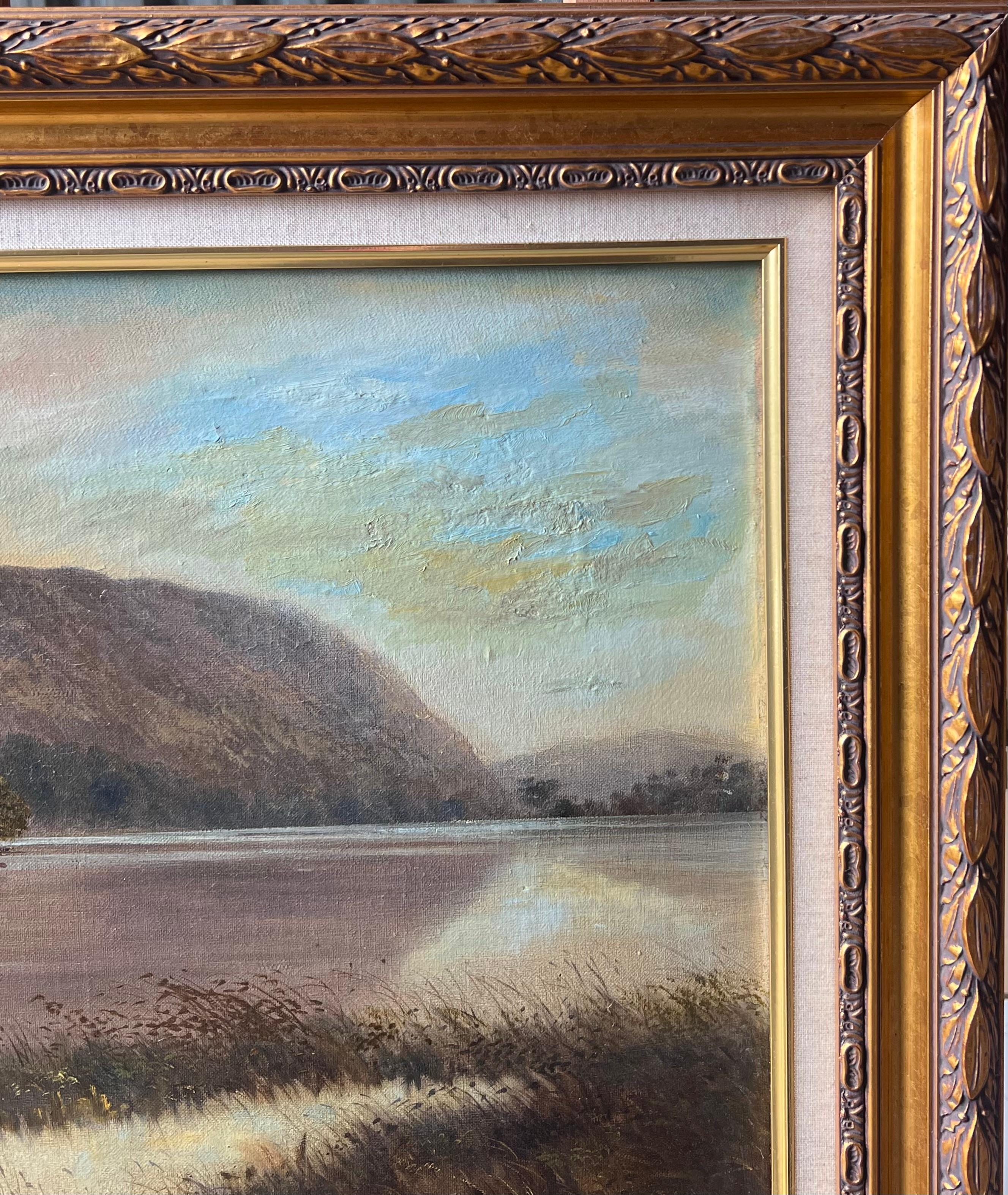 Ancienne peinture à l'huile anglaise du 19ème siècle Rydal Water Lake District Landscape - Victorien Painting par Early Victorian English