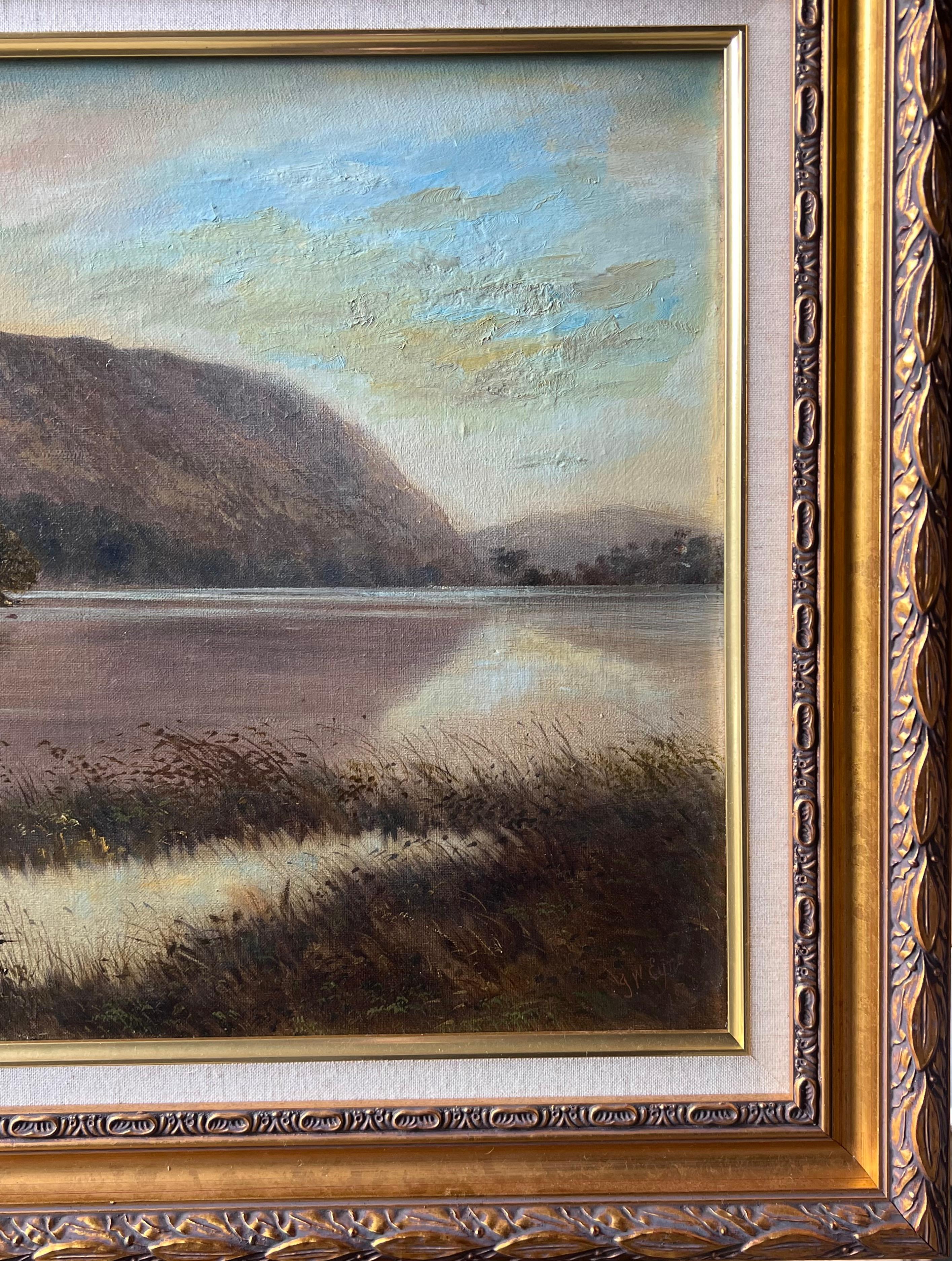 Ancienne peinture à l'huile anglaise du 19ème siècle Rydal Water Lake District Landscape - Noir Landscape Painting par Early Victorian English