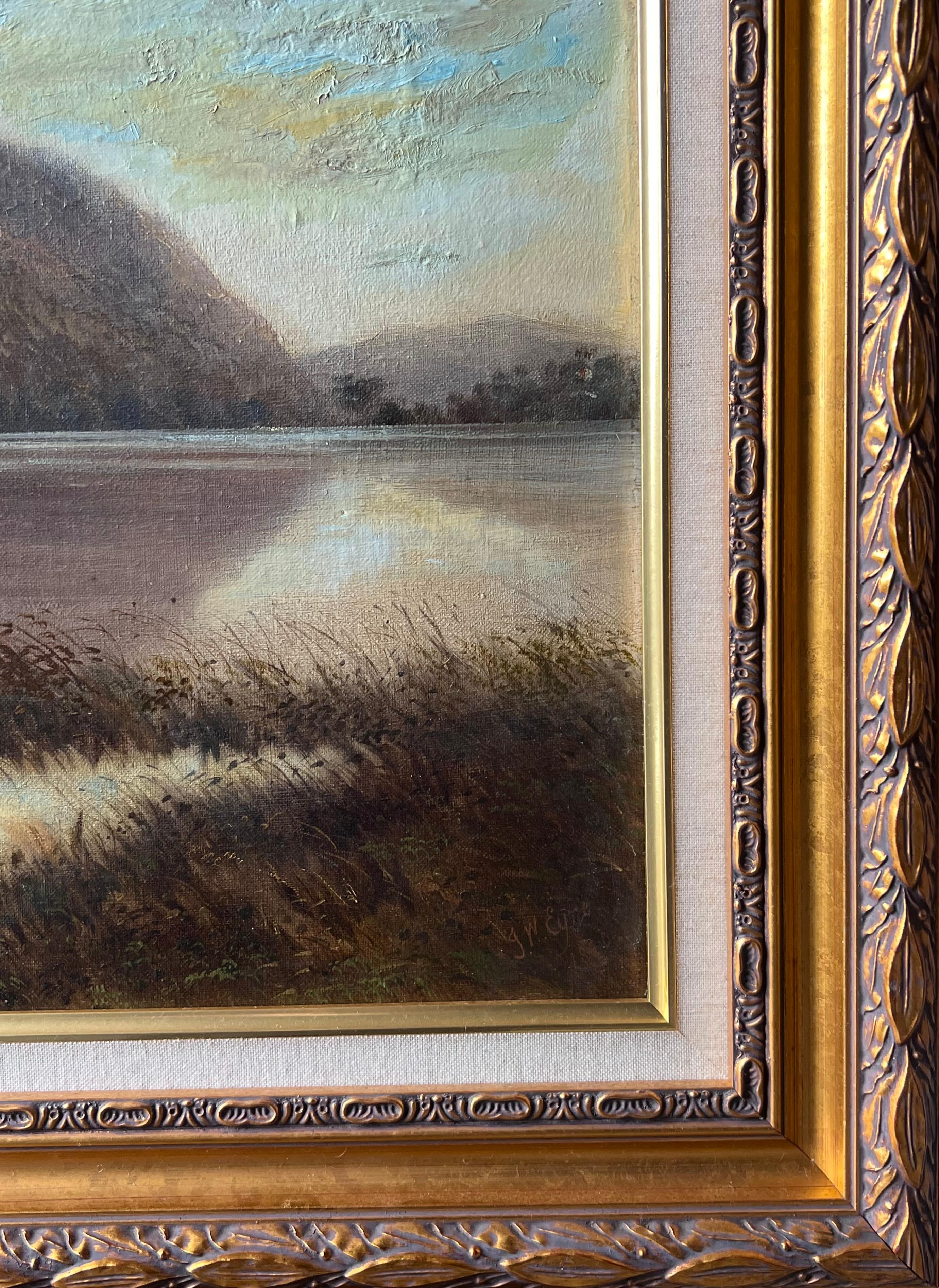 Ancienne peinture à l'huile anglaise du 19ème siècle Rydal Water Lake District Landscape en vente 2