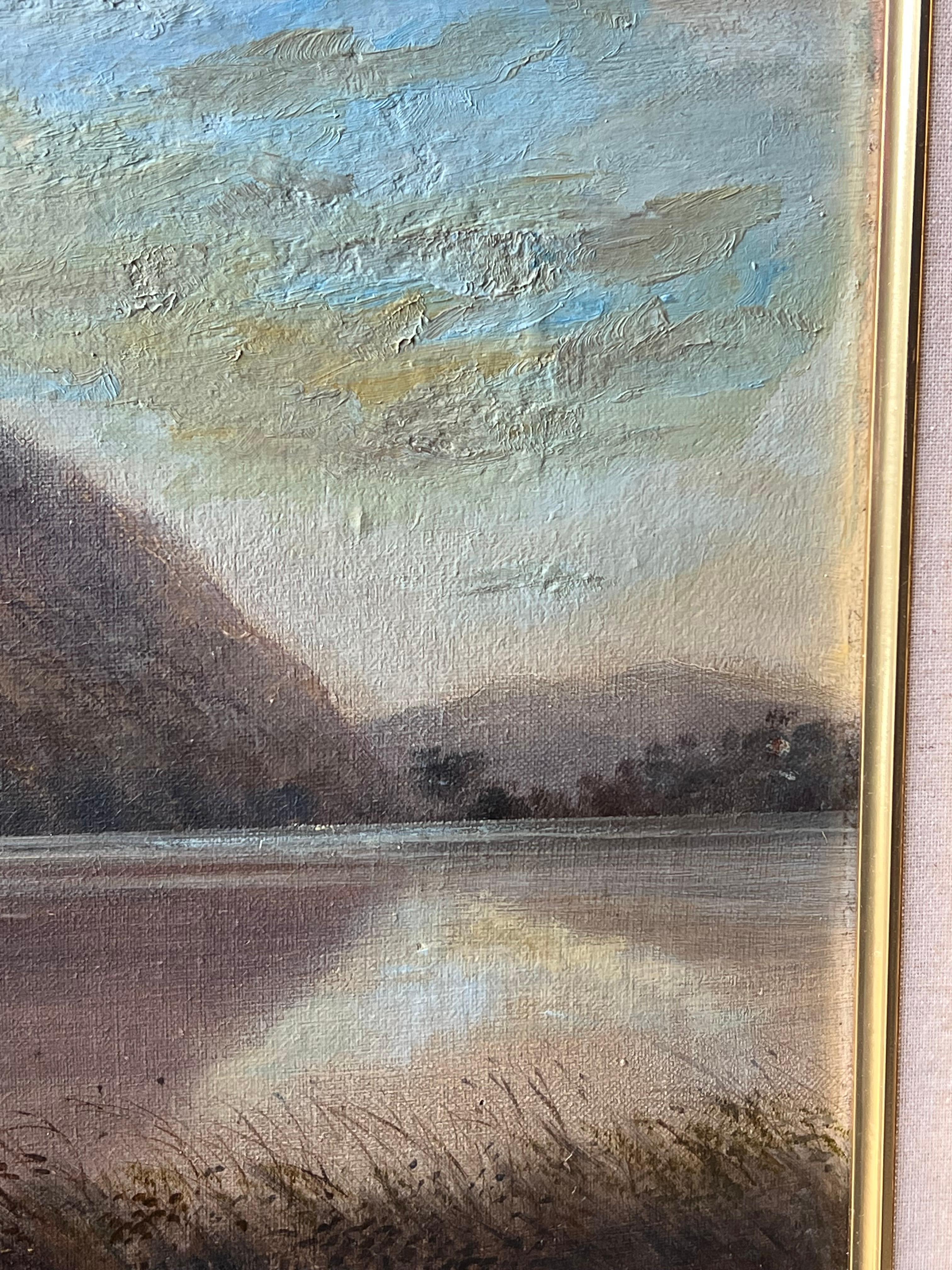 Ancienne peinture à l'huile anglaise du 19ème siècle Rydal Water Lake District Landscape en vente 4