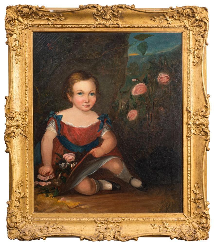 Early Victorian English Figurative Painting - Large Early Victorian British Oil Painting Portrait of Child in Rose Garden