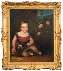 Large Early Victorian British Oil Painting Portrait of Child in Rose Garden