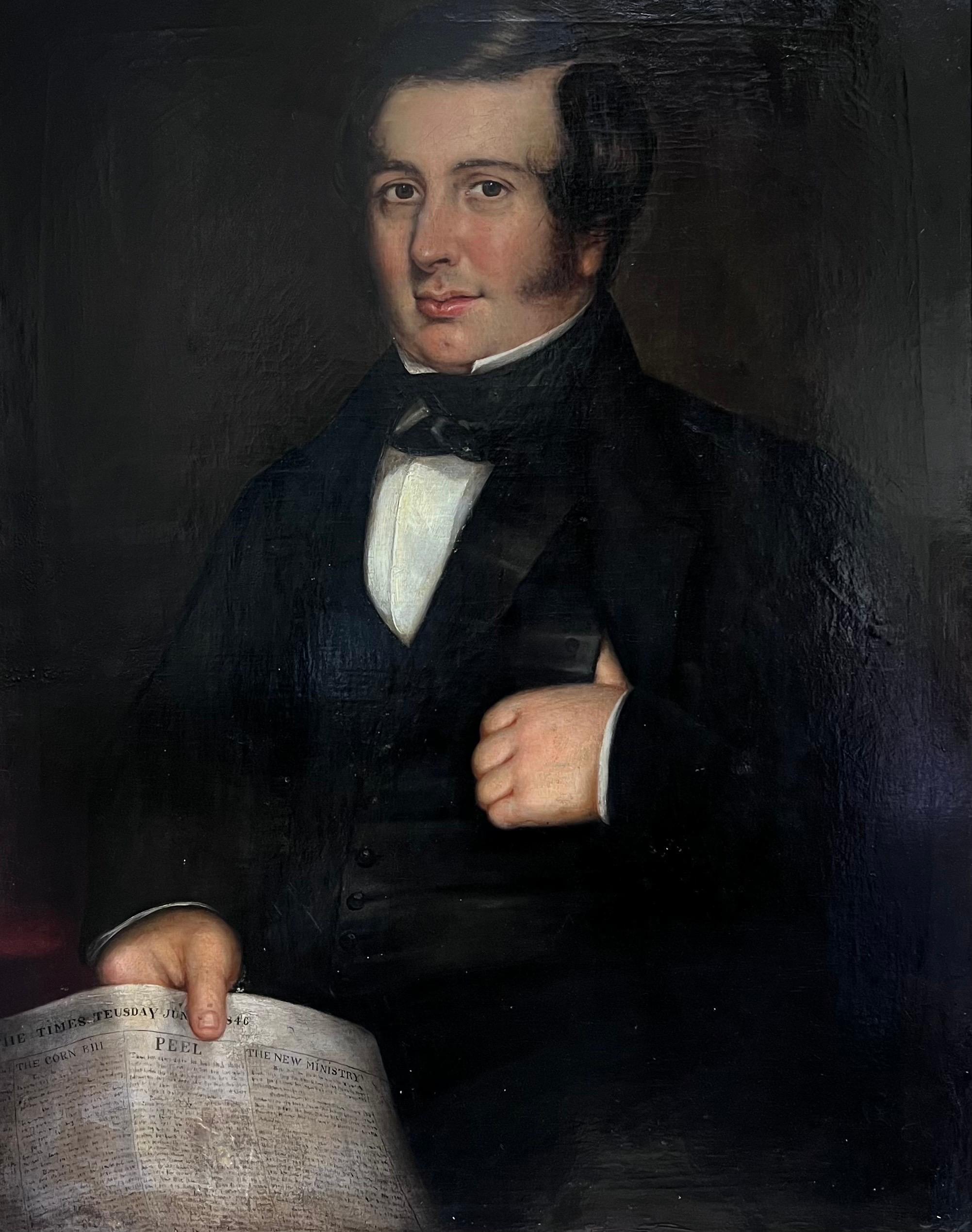 Ritratto inglese molto grande del 1840 di un gentiluomo di campagna che tiene in mano un giornale del Times - Painting di Early Victorian English