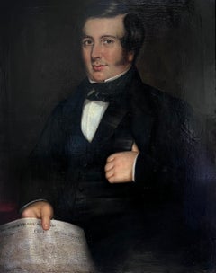 Very Large 1840s English Portrait of a Country Gentleman Holding Times Newspaper