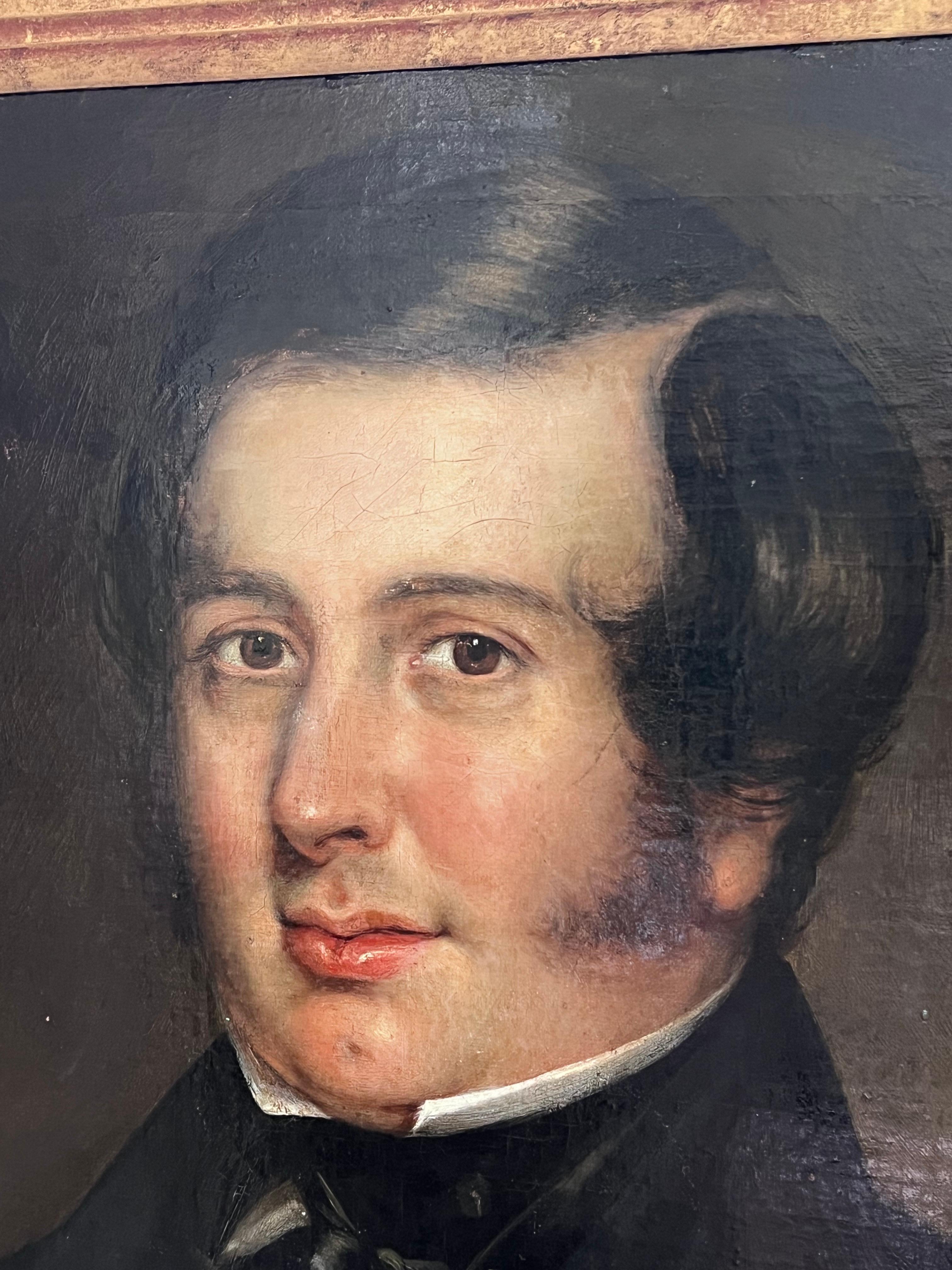 Ritratto inglese molto grande del 1840 di un gentiluomo di campagna che tiene in mano un giornale del Times - Painting Vittoriano di Early Victorian English