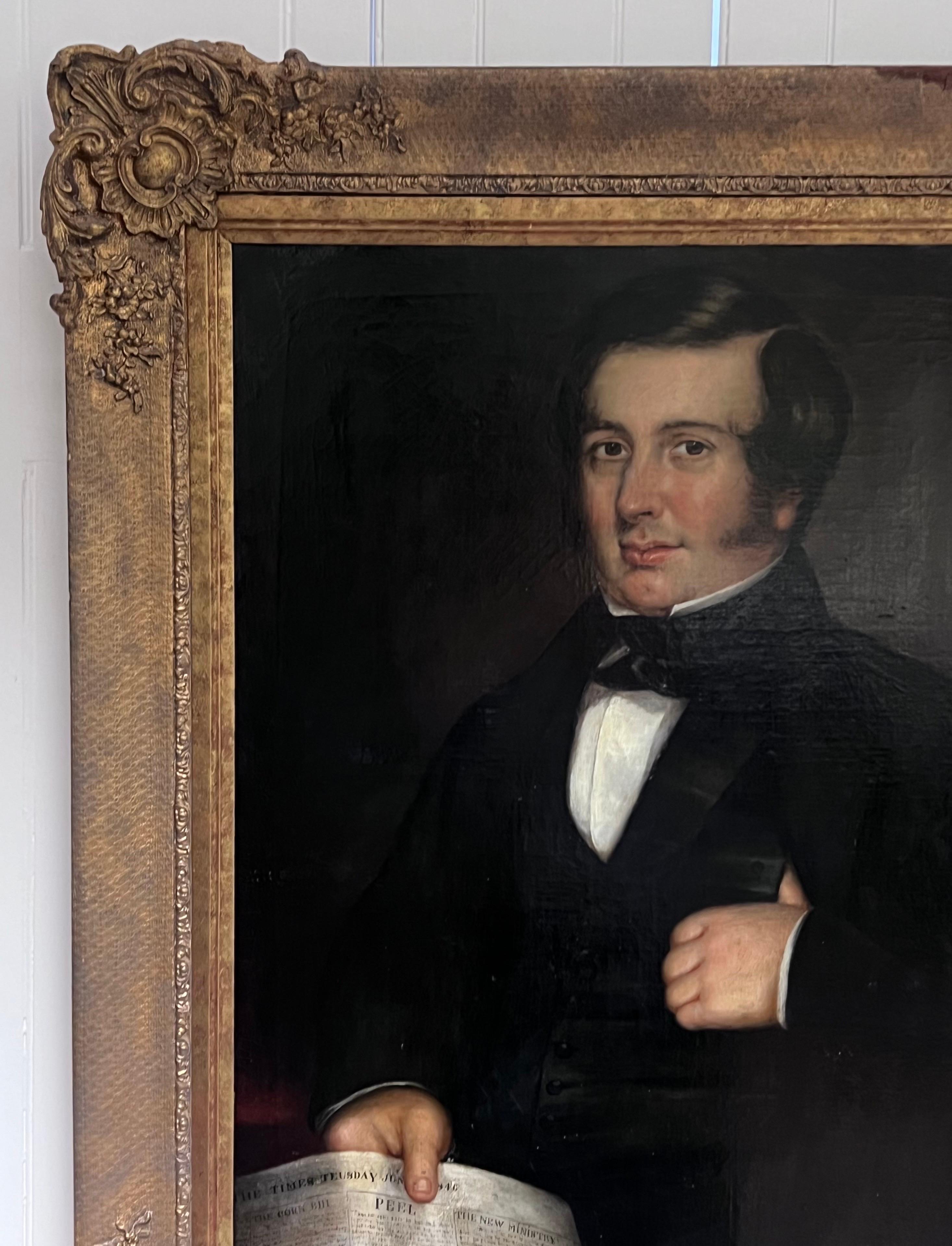 Ritratto inglese molto grande del 1840 di un gentiluomo di campagna che tiene in mano un giornale del Times - Figurative Painting Nero di Early Victorian English