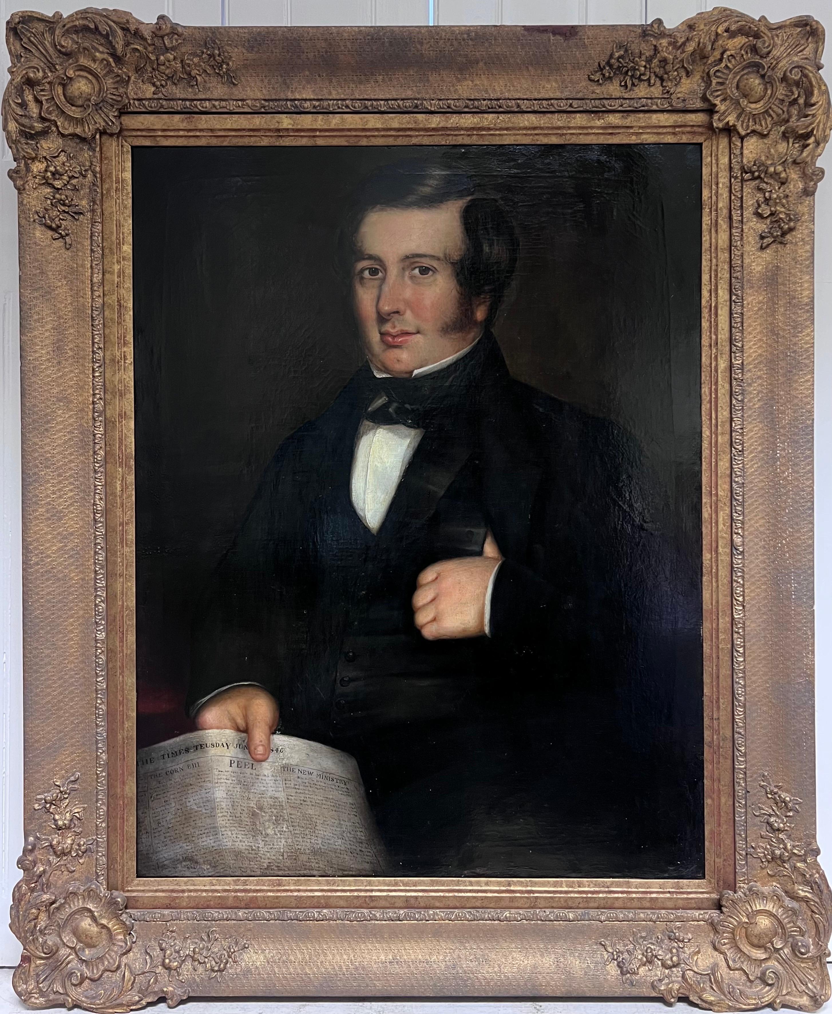 Figurative Painting di Early Victorian English - Ritratto inglese molto grande del 1840 di un gentiluomo di campagna che tiene in mano un giornale del Times