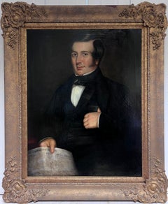 Antique Very Large 1840s English Portrait of a Country Gentleman Holding Times Newspaper