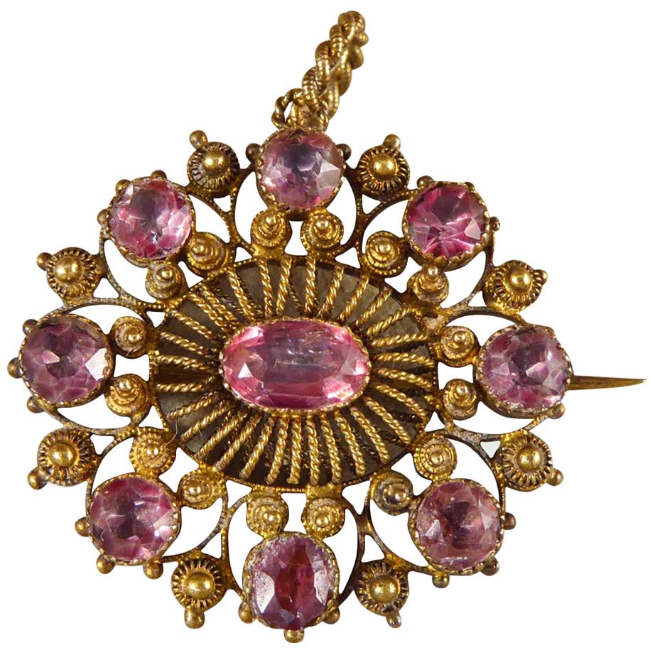 Early Victorian Foiled Back Pink Gemstone Brooch and Pendant in 15 Carat Gold