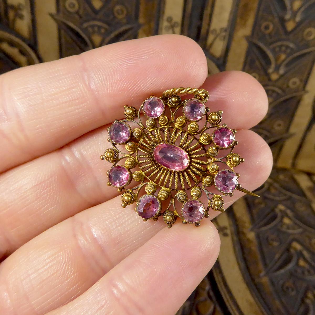 Women's or Men's Early Victorian Foiled Back Pink Gemstone Brooch and Pendant in 15 Carat Gold