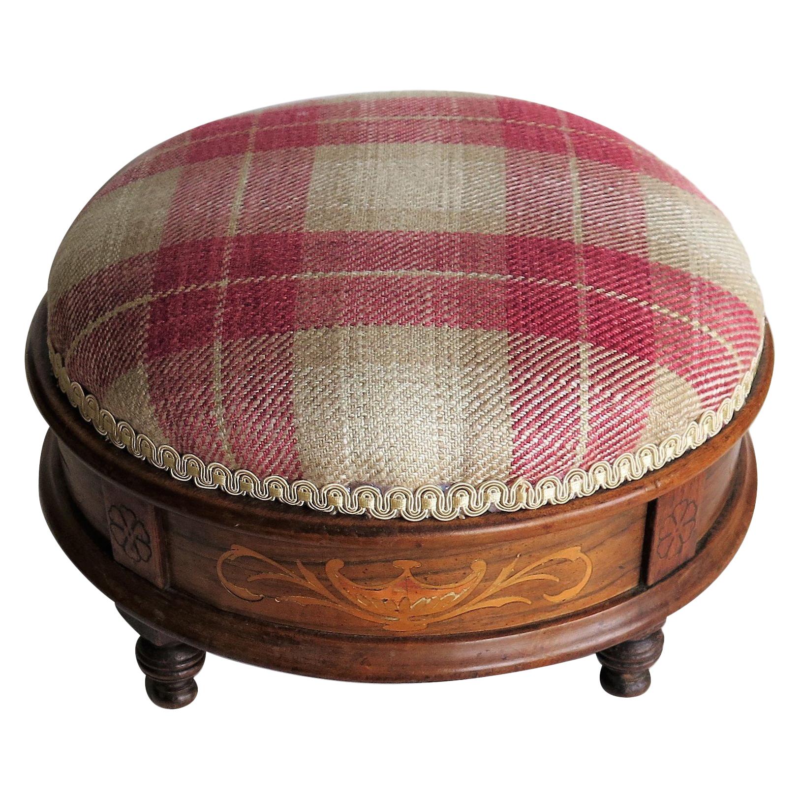 Early Victorian Foot Stool Walnut with Marquetry Inlay Re-Upholstered circa 1845