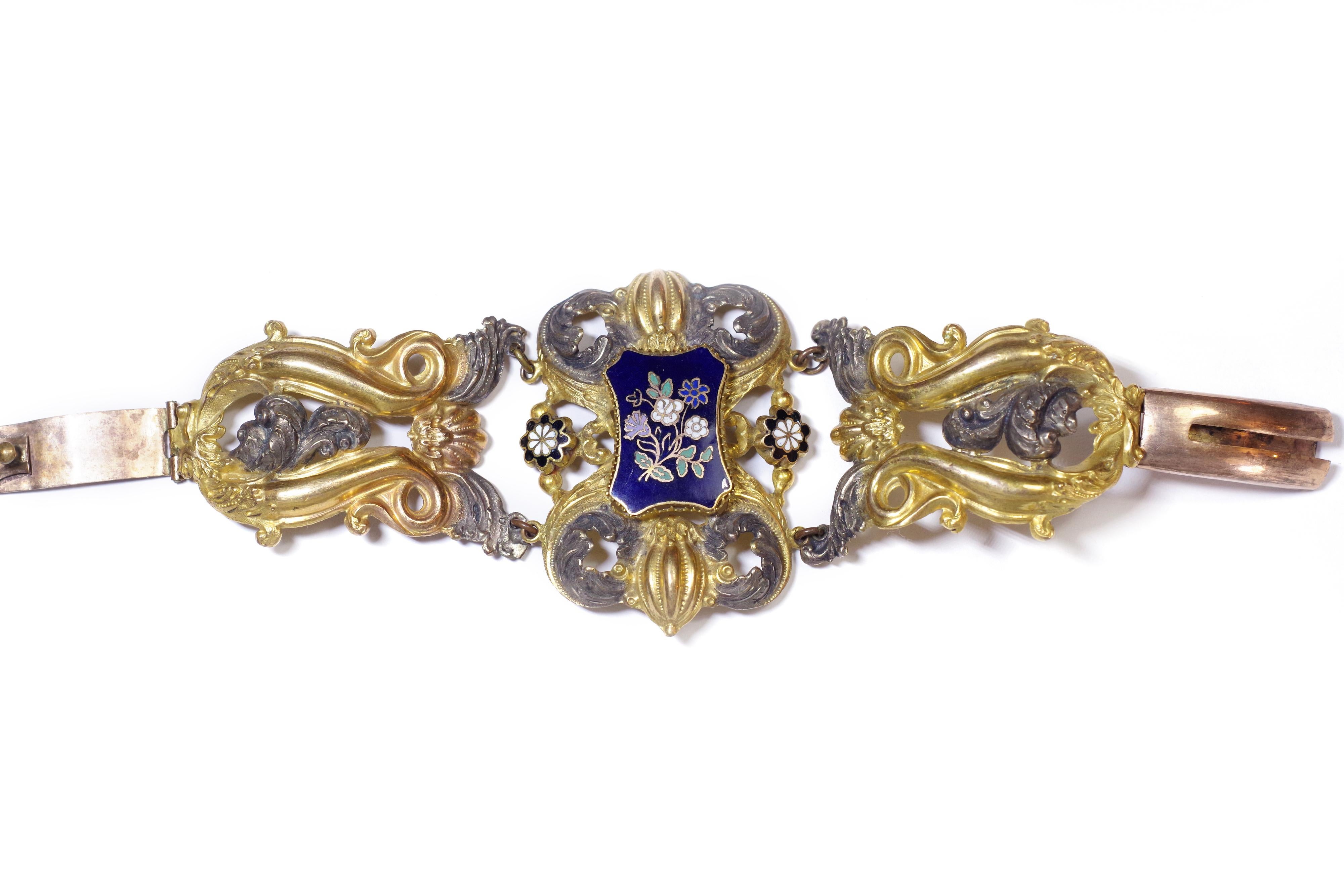 Women's or Men's Early Victorian French Pinchbeck Bracelet Multicolored Gilded Metal