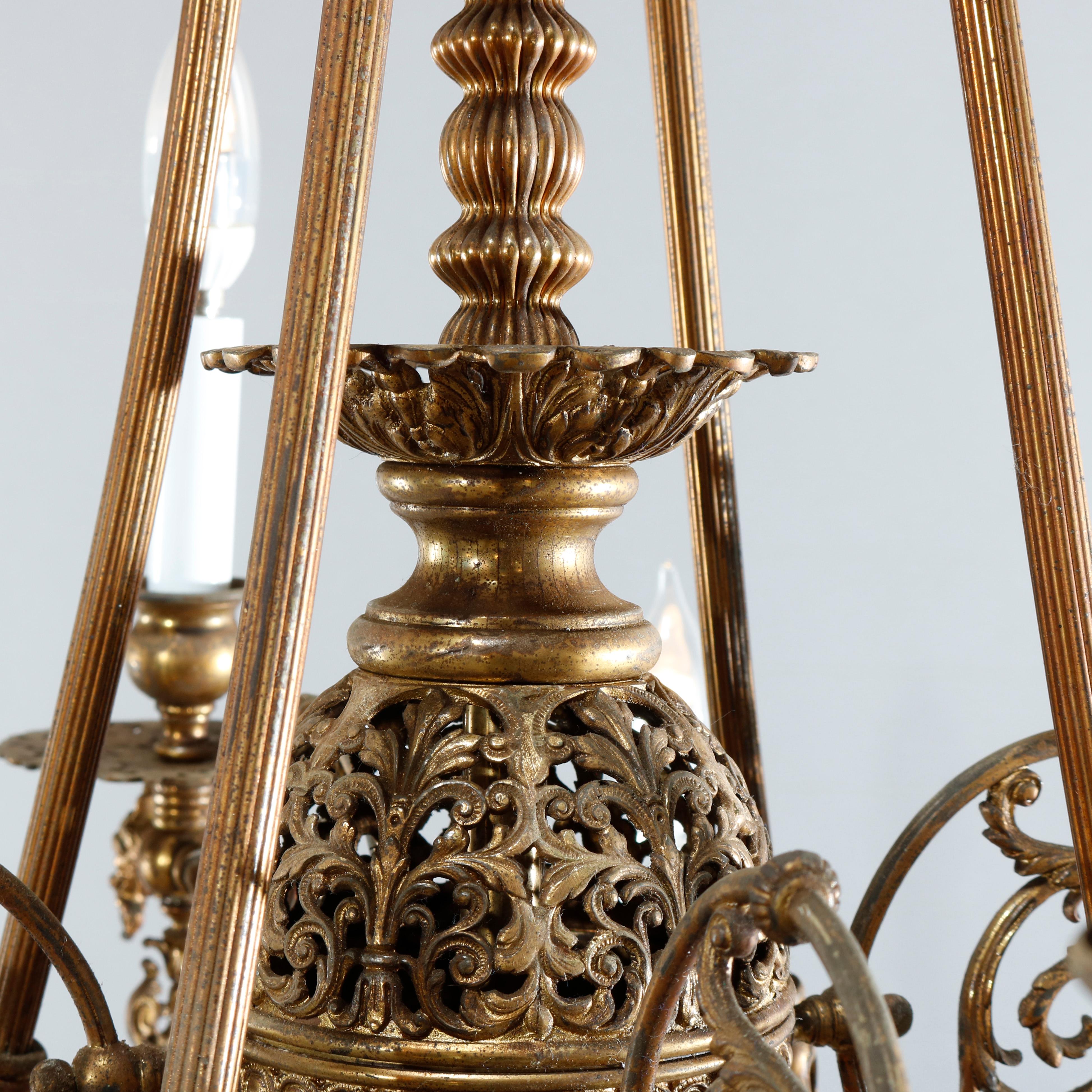 Cast Early Victorian Gas & Electric Brass & Bronze Twelve Light Chandelier, c1870