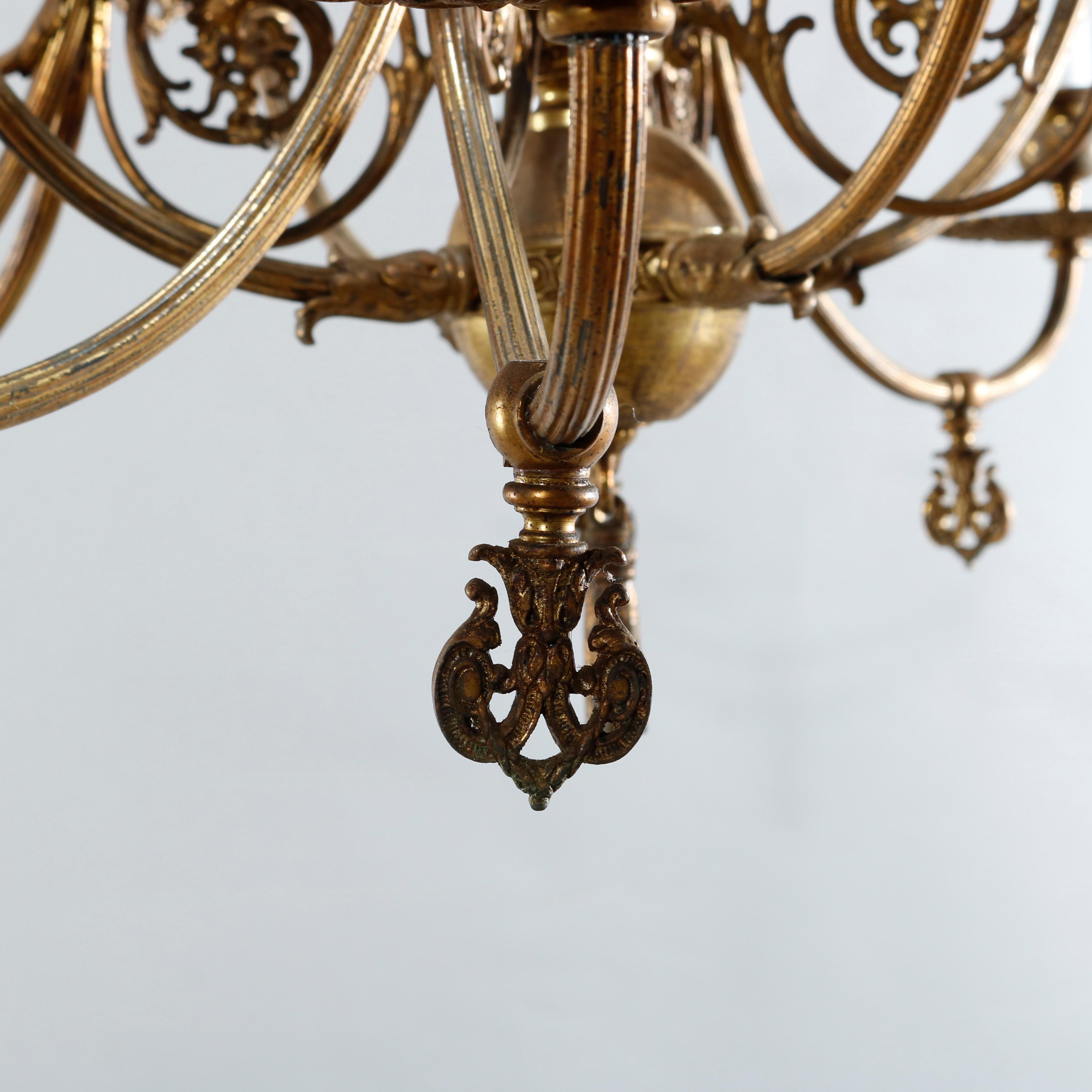 Early Victorian Gas & Electric Brass & Bronze Twelve Light Chandelier, c1870 In Good Condition In Big Flats, NY