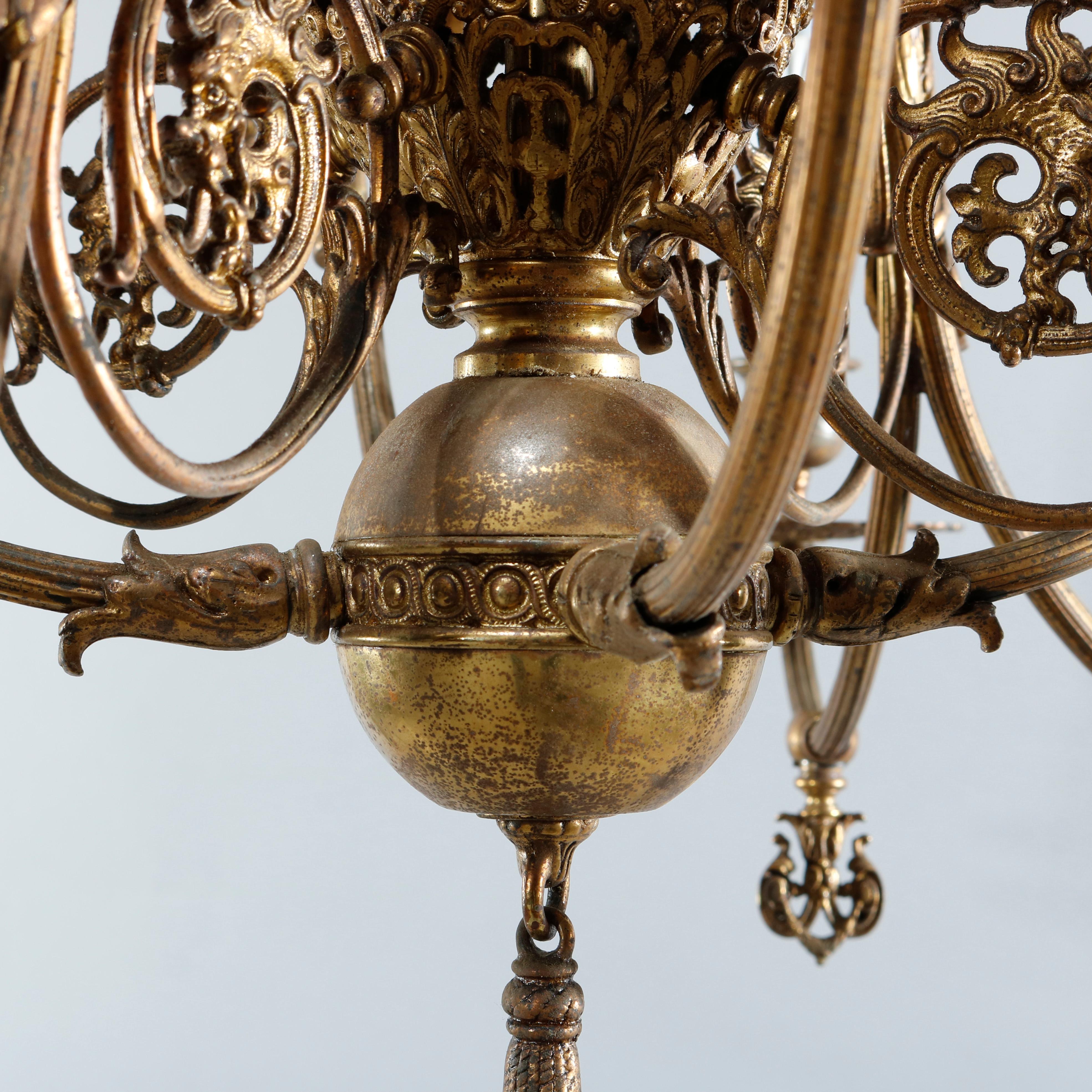Glass Early Victorian Gas & Electric Brass & Bronze Twelve Light Chandelier, c1870