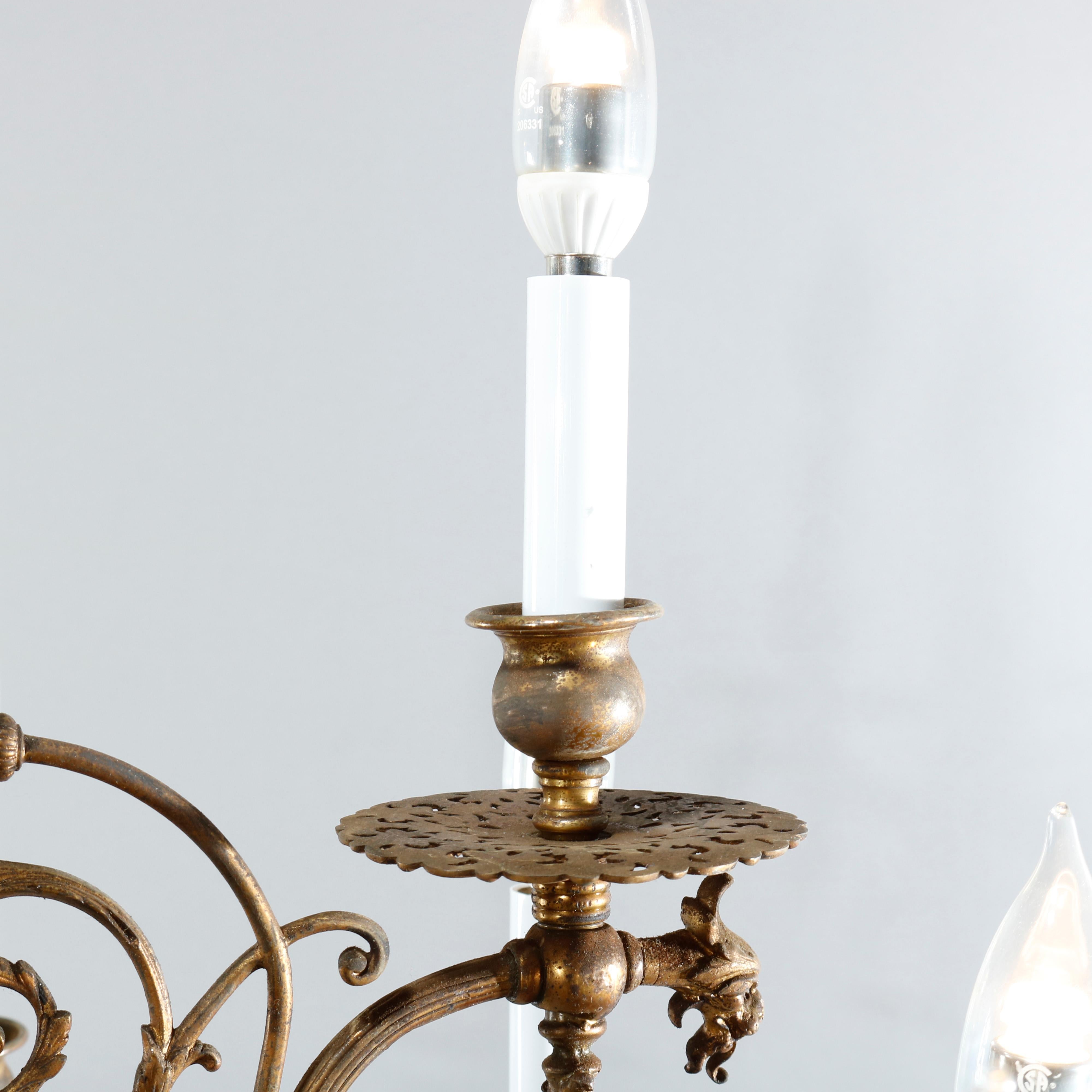 Early Victorian Gas & Electric Brass & Bronze Twelve Light Chandelier, c1870 2